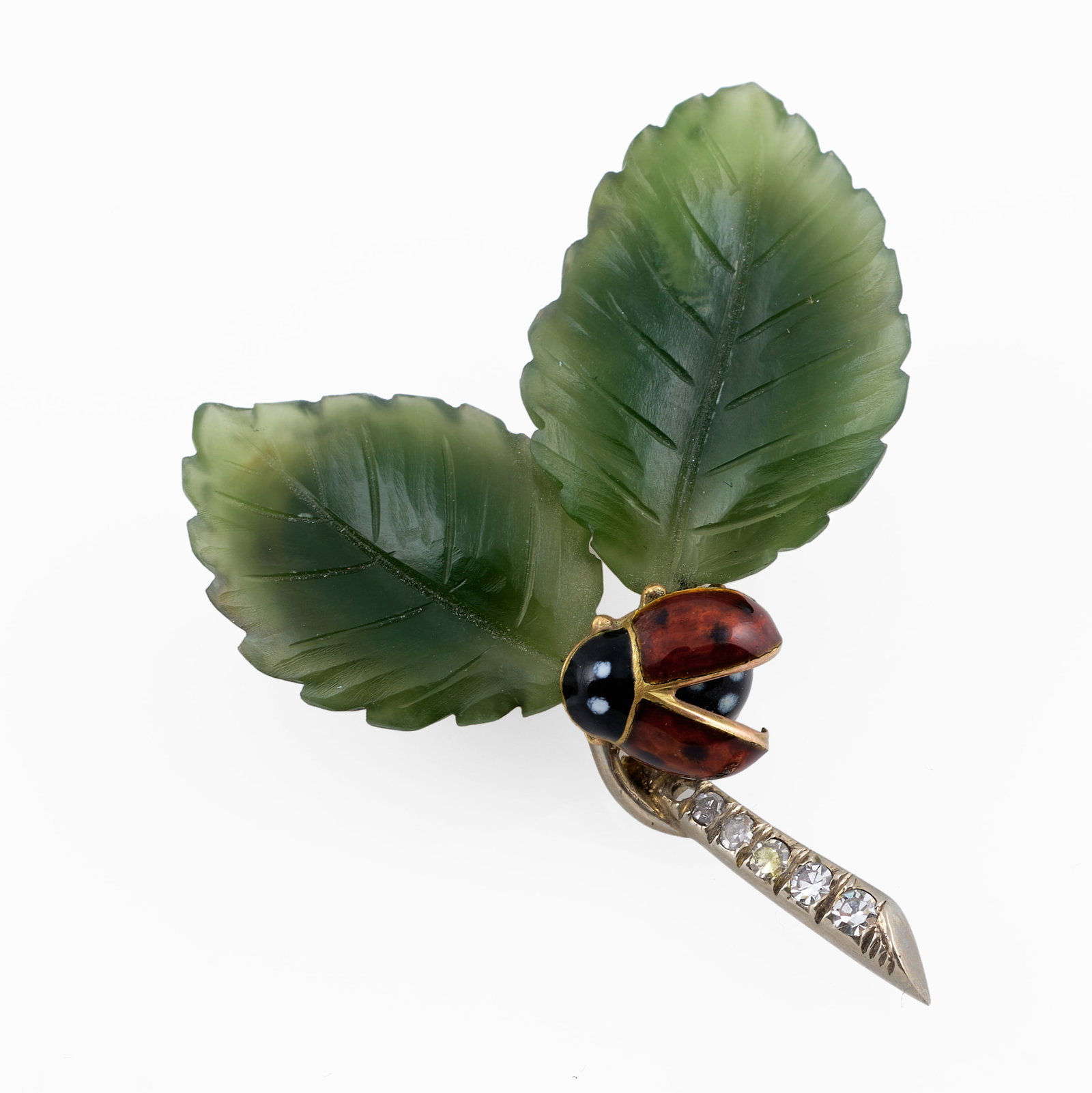 14k Gold, Jade and Diamond Ladybug Brooch: 14k Gold, Jade and Diamond Ladybug Brooch Marked 'Germany / 14k'.Approx. 1 1/2 x 1 1/4 in., 5 dwts.