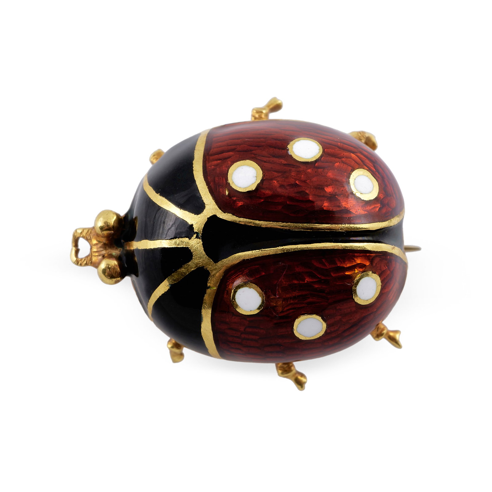 18k Gold and Enamel Ladybug Brooch: 18k Gold and Enamel Ladybug Brooch Marked '750'.Approx. 1 x 7/8 in., 4.4 dwts.