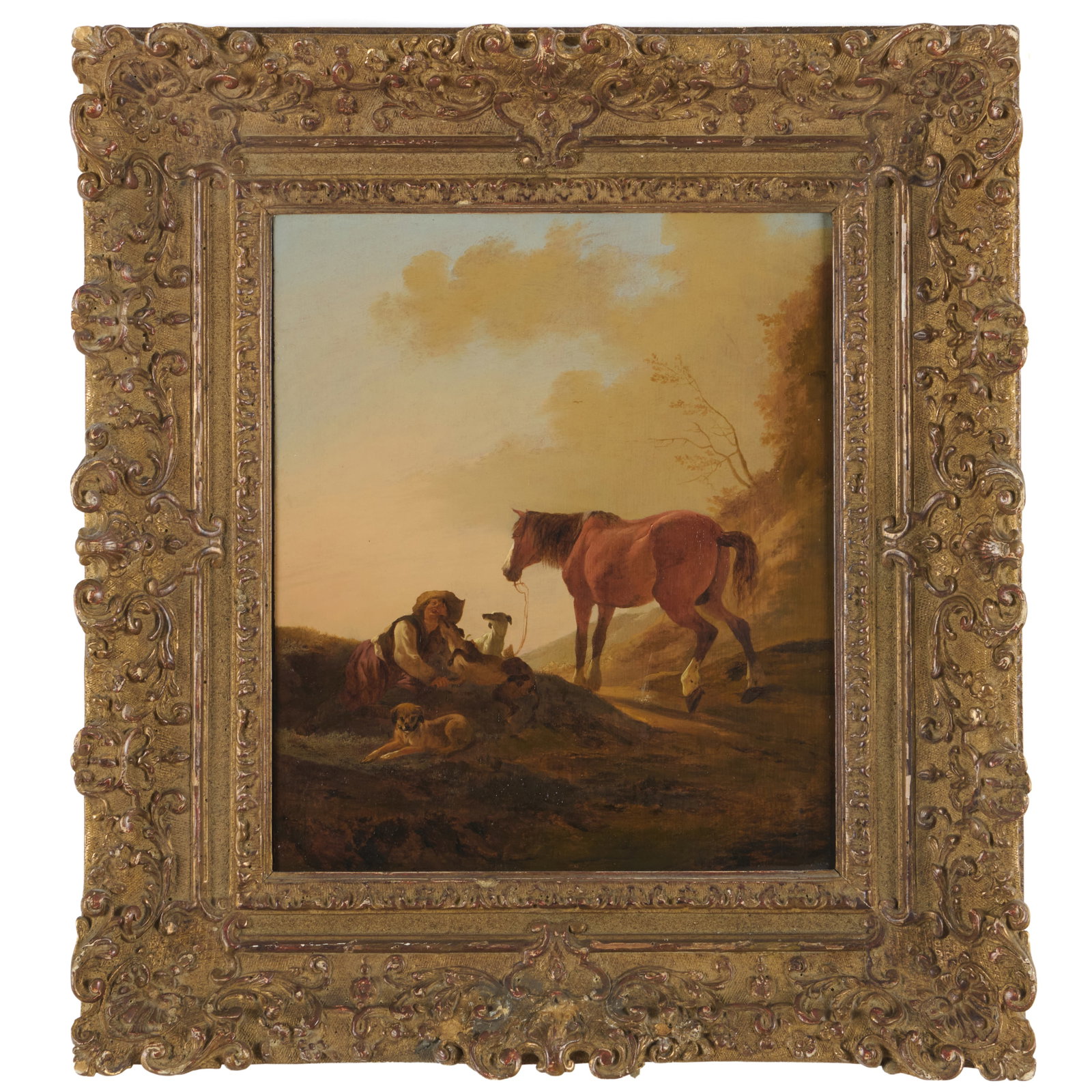 Attributed to Dirk Stoop (1610-1681): Rustende ruiter met ongezadeld paard en drie honden: Attributed to Dirk Stoop (1610-1681): Rustende ruiter met ongezadeld paard en drie hondenOil on panel, signed with a monogram lower right.14 1/4 x 11 7/8 in., 21 7/8 x 19 3/4 in. (frame).Note: This