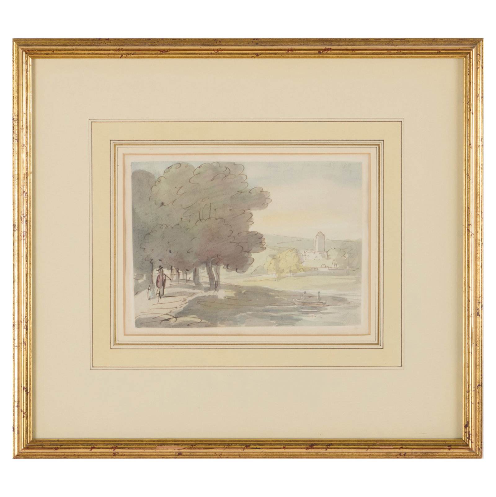 Attributed to Thomas Rowlandson (1756-1827): Landscape with Figures by a Lake: Attributed to Thomas Rowlandson (1756-1827): Landscape with Figures by a Lake Ink and watercolor on paper, unsigned, indistinctly inscribed upper right, with label from P&D Colnaghi & Co., Ltd., Londo