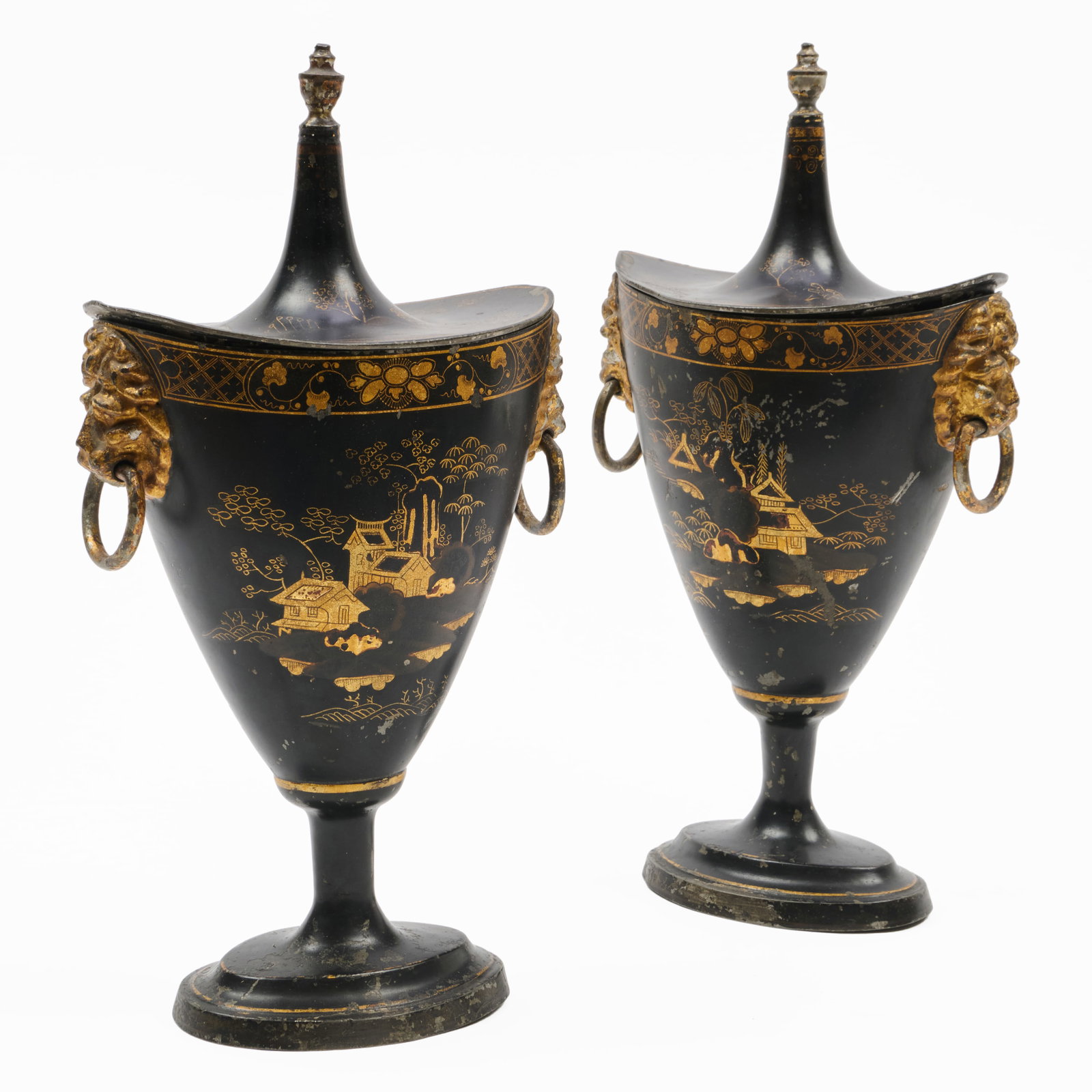 Pair of English Black and Parcel-Gilt Tole Peinte Urns and Covers (1 of 10)