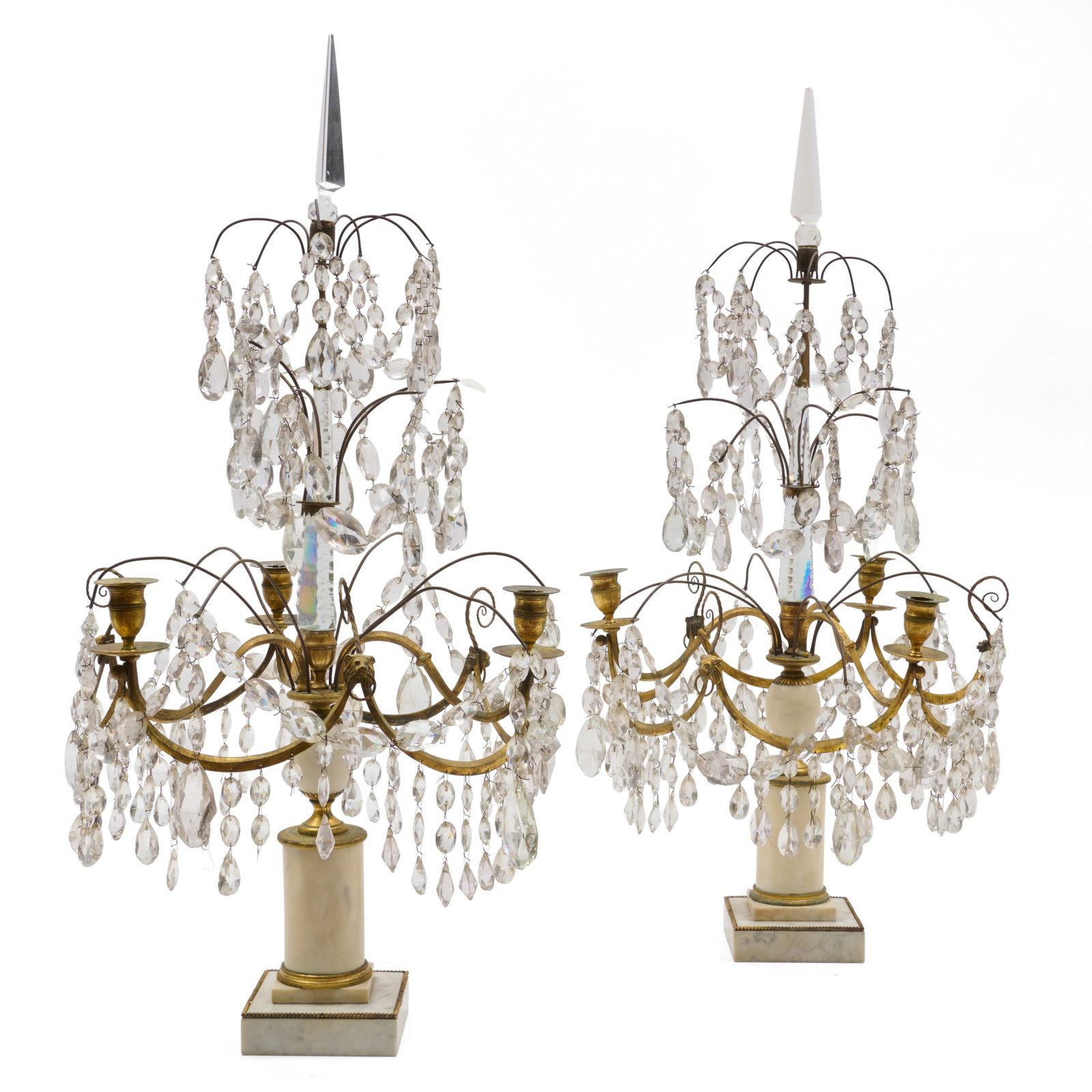 Pair of Swedish Neoclassical Gilt-Bronze, Marble and Cut Glass Three-Light Girandoles: Pair of Swedish Neoclassical Gilt-Bronze, Marble and Cut Glass Three-Light Girandoles Together with a bag of associated cut glass drops. 25 1/2 x 15 in. diam. The Collection of Alice and Murray Brau