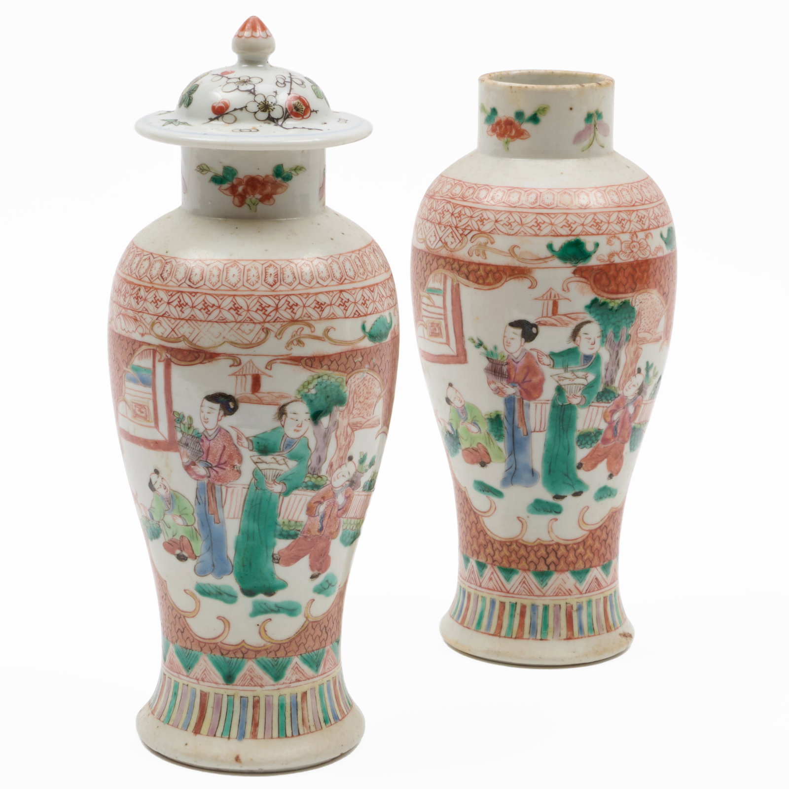 Pair of Chinese Export Famille Verte Baluster Vases: Pair of Chinese Export Famille Verte Baluster Vases Unmarked, one with an associated cover.8 3/4 x 3 3/4 in. diam. The Collection of James M. Labaugh Antiques, Pound Ridge, NY.