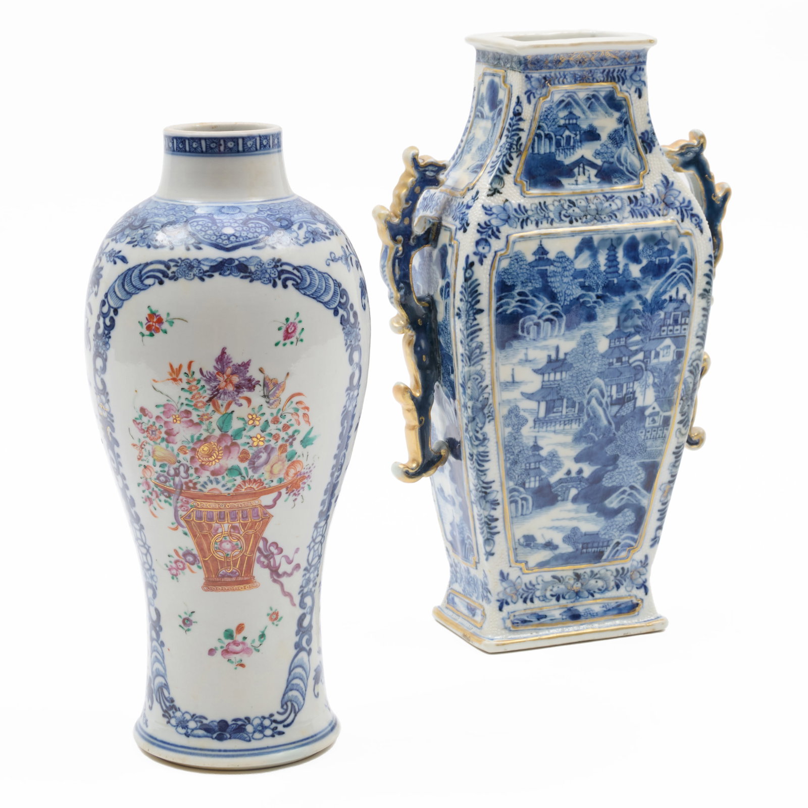 Chinese Export Blue and White Porcelain Flattened Baluster Vase and a Famille Rose Baluster Vase (1 of 6)