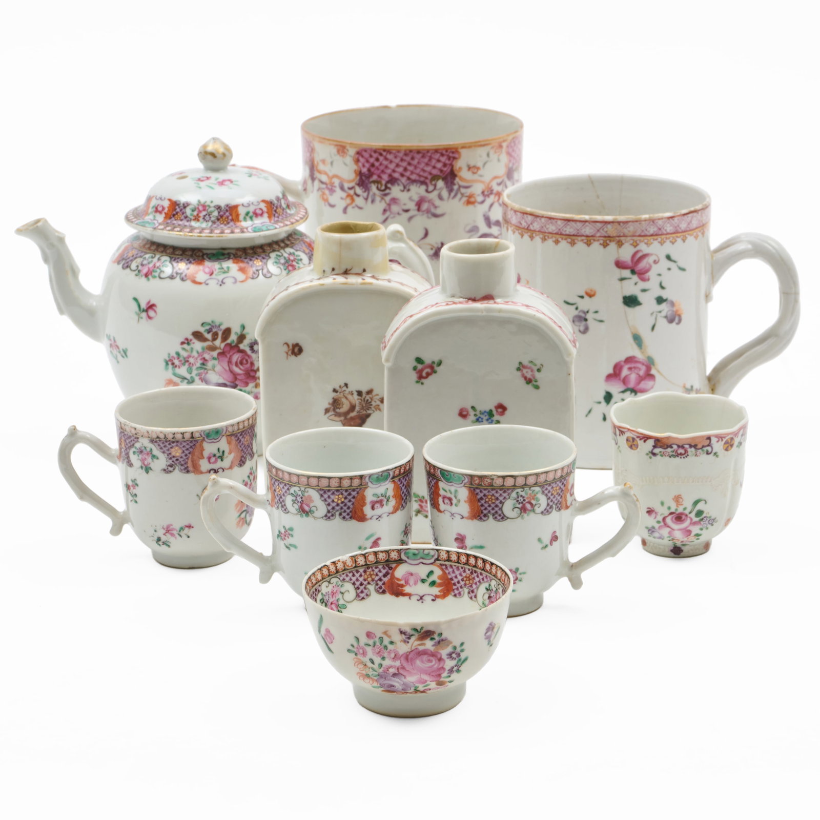 Group of Chinese Export Famille Rose Porcelain Tea and Drink Wares: Group of Chinese Export Famille Rose Porcelain Tea and Drink Wares Unmarked.Comprising:Two mugs in two sizes and stylesTwo tea caddies, lacking coversA teacupA part te