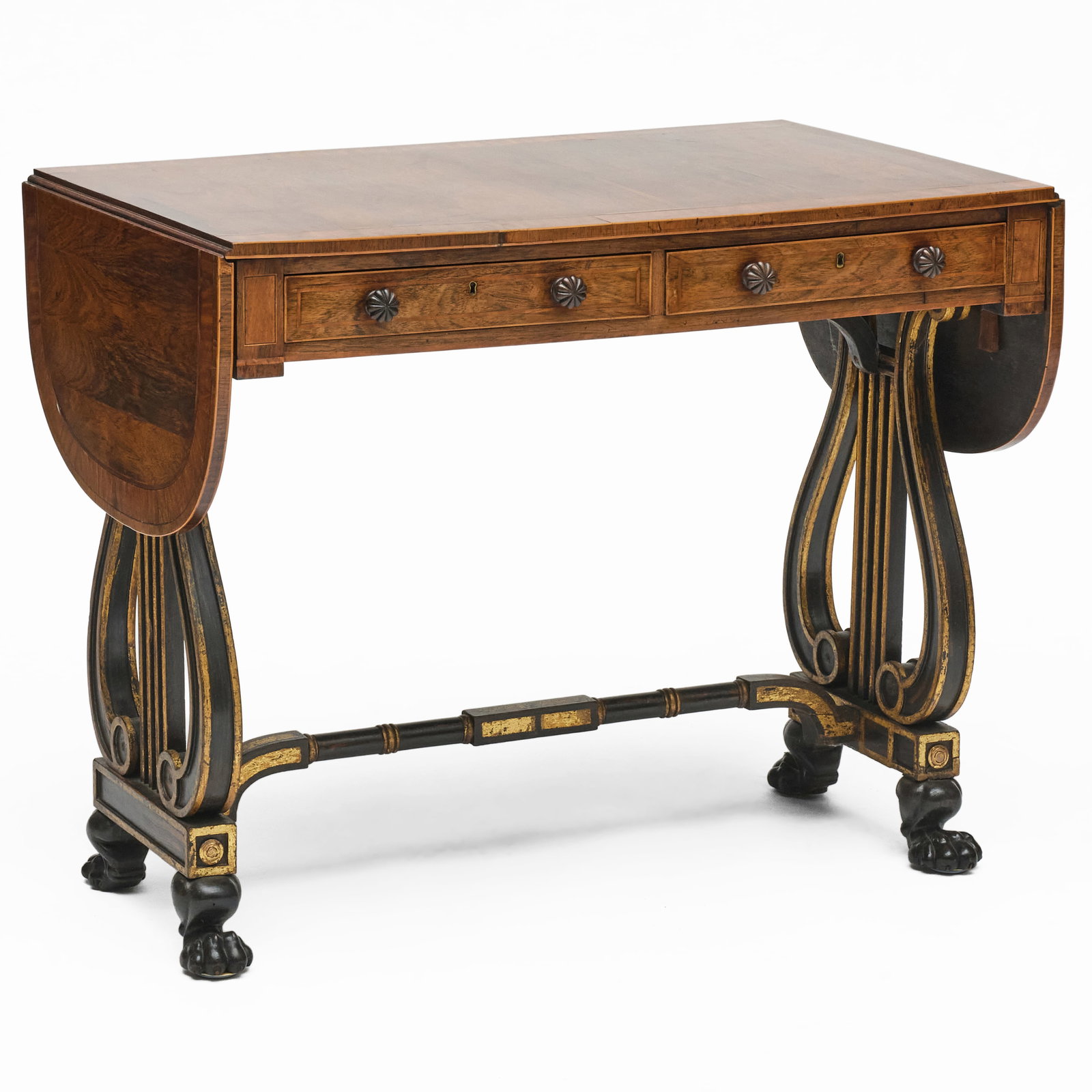 Regency Inlaid Rosewood, Satinwood, Grain Painted and Parcel-Gilt Sofa Table: Regency Inlaid Rosewood, Satinwood, Grain Painted and Parcel-Gilt Sofa Table Fitted with two drawers. 30 x 37 x 23 in., closed. 30 x 5 ft. 1 x 23 in., open. The Collection of James M. Labaugh Antiques