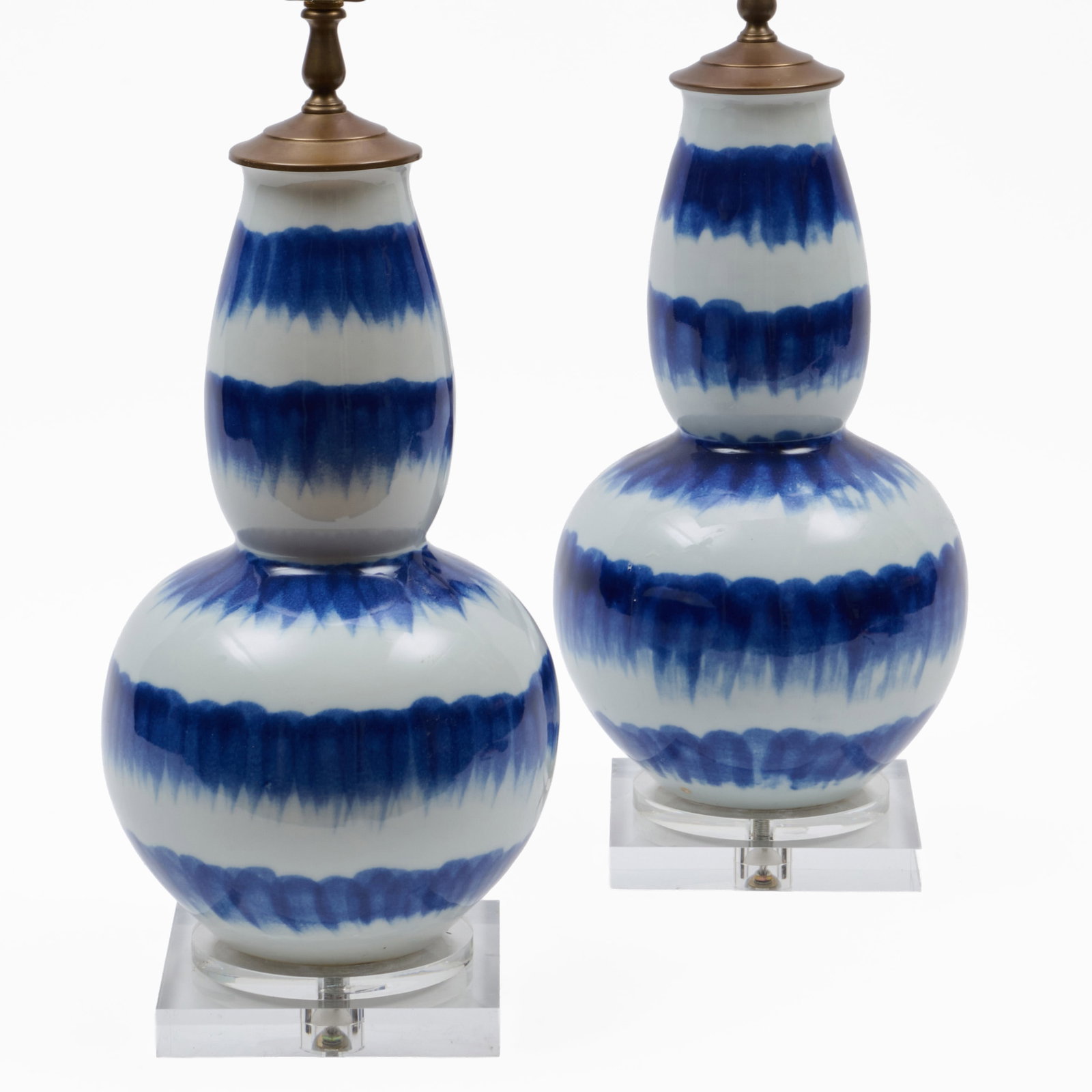 Pair of Blue and White Porcelain Gourd Form Vases Mounted as Lamps (1 of 6)