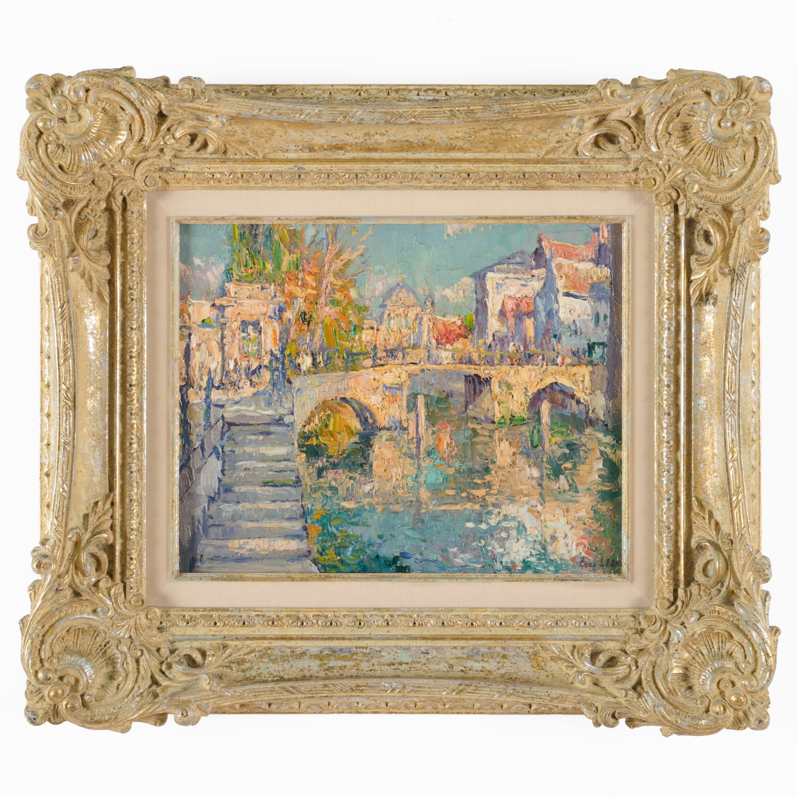 Paul Leduc (1876-1943): La Dyle a; Malines: Paul Leduc (1876-1943): La Dyle a; Malines Oil on board, signed 'Paul Leduc' lower right, signed 'Paul Leduc' and titled on the reverse. 9 1/2 x 12 1/2 in., 16 x 18 1/2 in. (frame). Collections of Loy