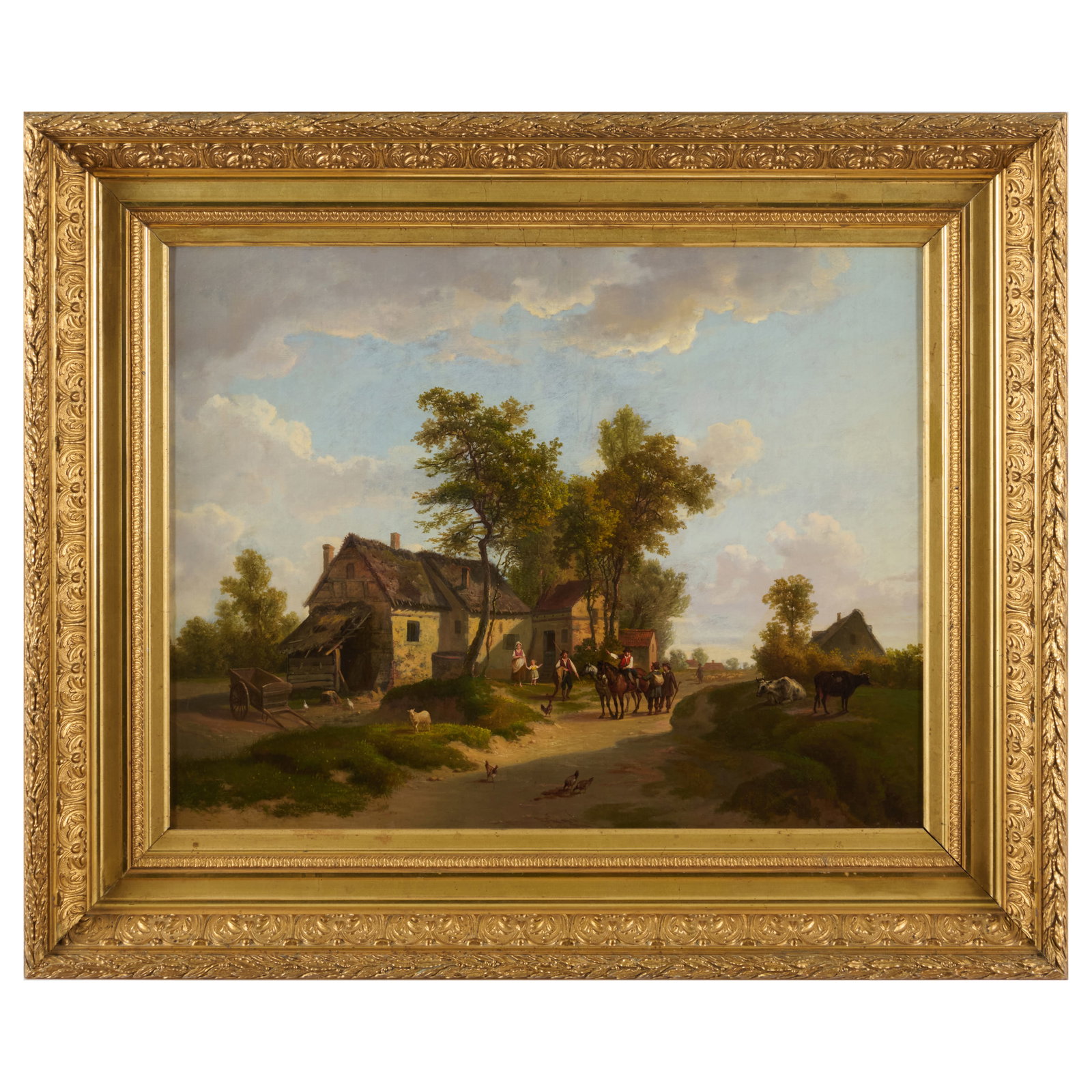 Belgian School: Landscape with Farmhouse and Figures: Belgian School: Landscape with Farmhouse and Figures Oil on canvas, unsigned, lined. 28 x 38 3/8 in., 30 1/2 x 37 in. (frame). Sold Hotel de Ventes Horta, Brussels, March 15, 1993, Lot 148.Collections