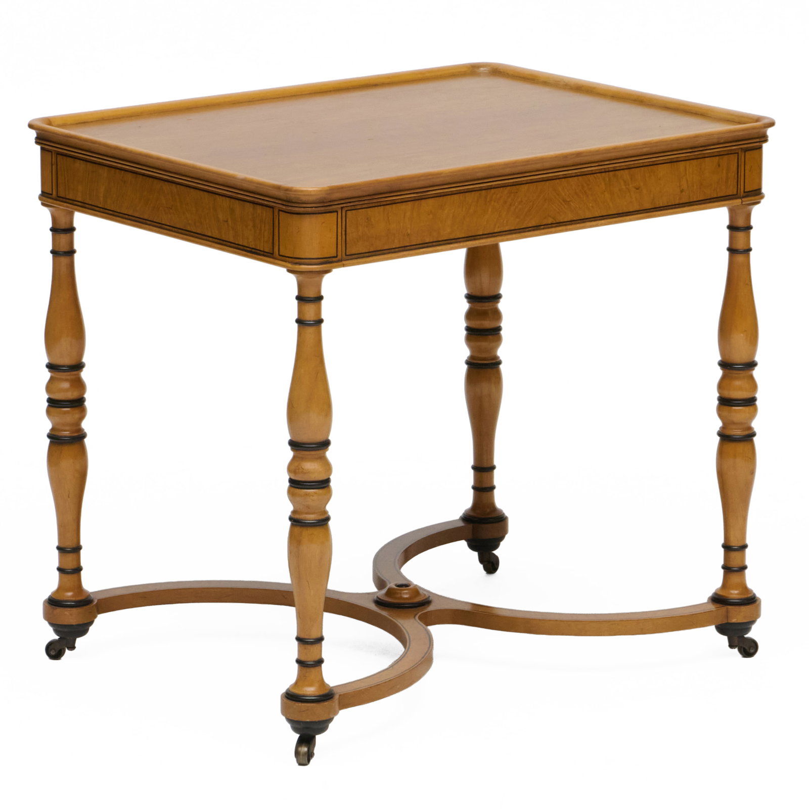 Fruitwood, Burlwood, Ebonized, and Painted Table, Beacon Hill Collection, Modern: Fruitwood, Burlwood, Ebonized, and Painted Table, Beacon Hill Collection, Modern Raised on casters and fitted with one drawer.26 x 28 x 22 in. The Collection of a Private Connecticut Collector.