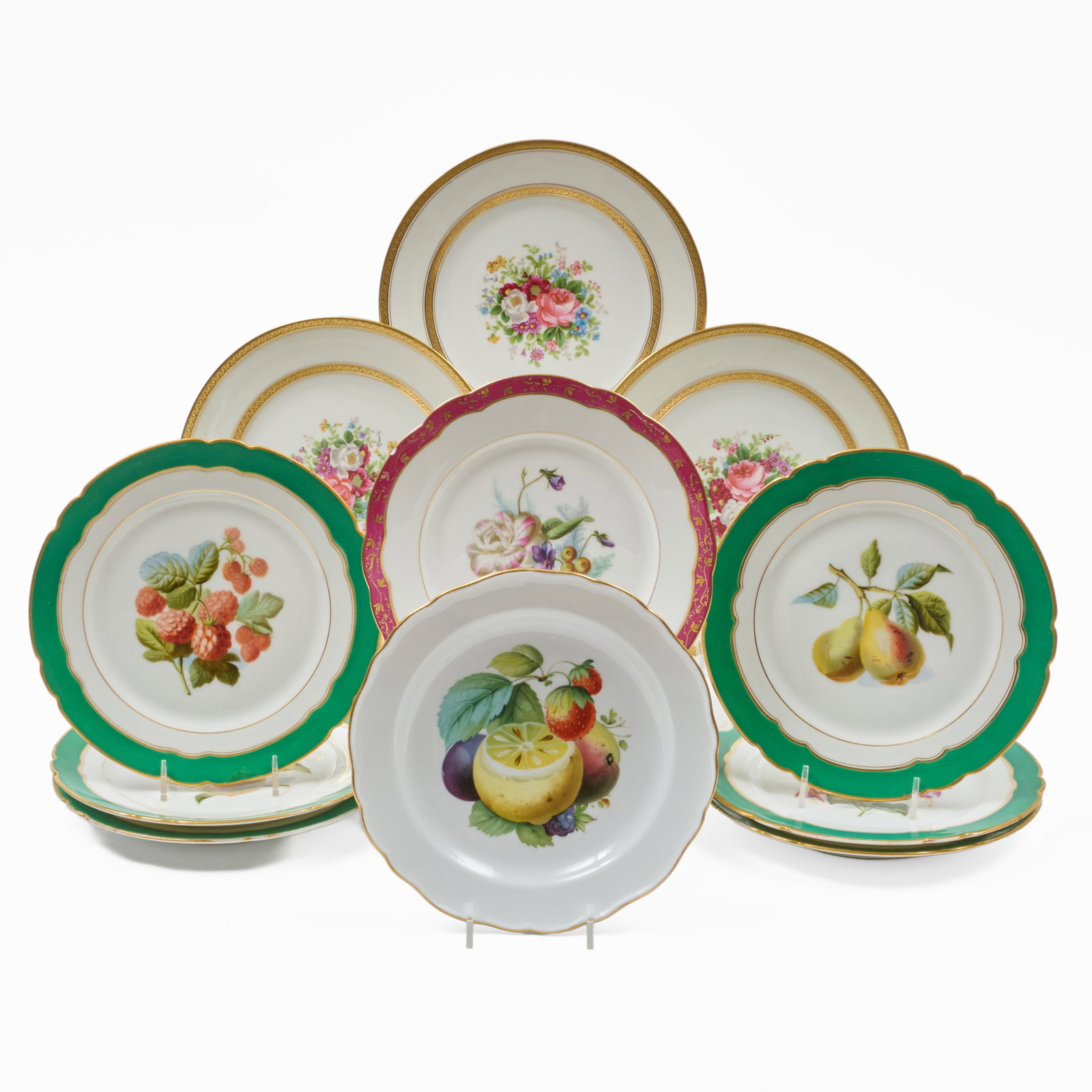 Assembled Set of Continental Fruit and Flower Decorated Gilt Rim Porcelain Plates: Assembled Set of Continental Fruit and Flower Decorated Gilt Rim Porcelain Plates Comprising:A Meissen fruit decorated plate, blue crossed swords and impressed marksA set of six Lahoche Palais Royal g