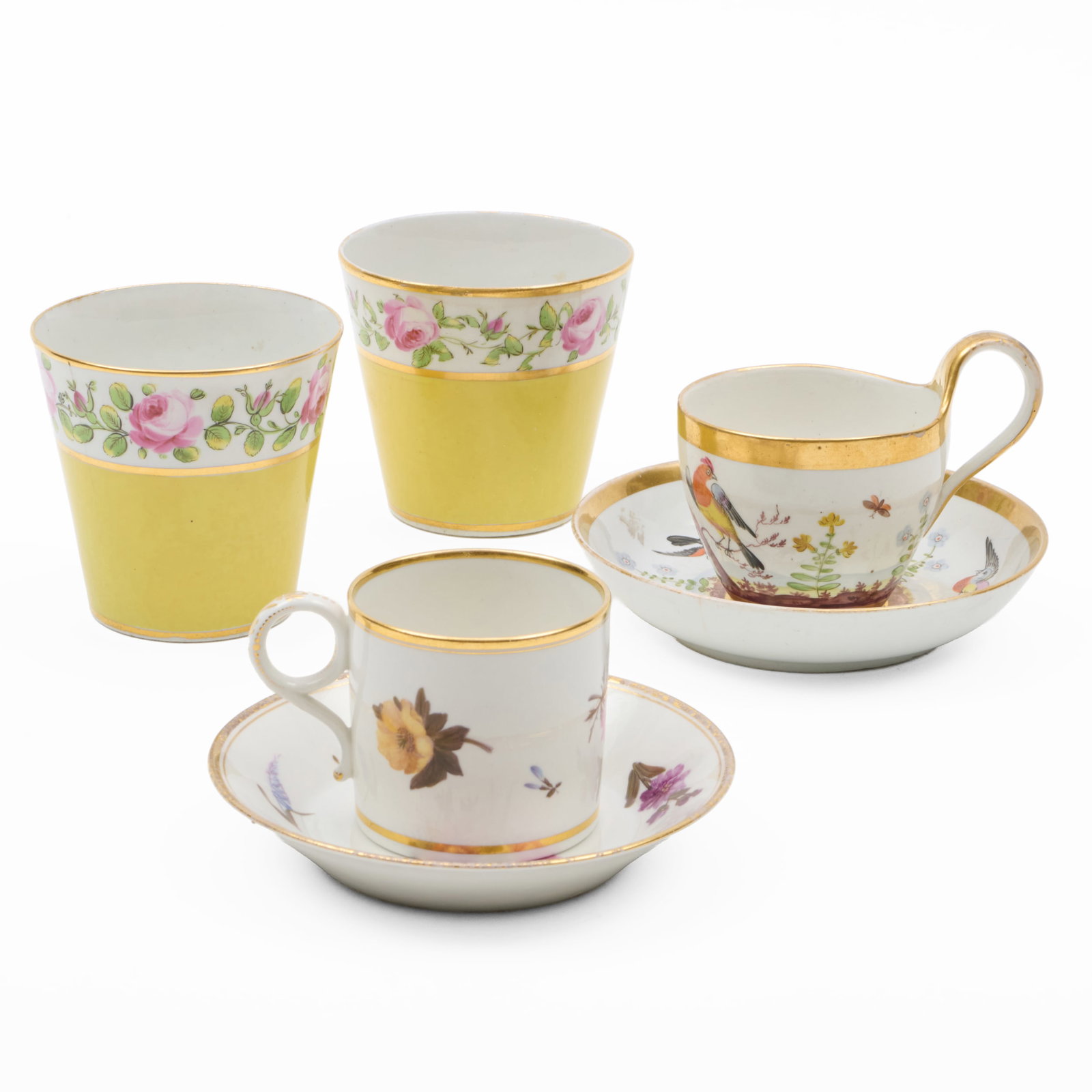 Group of English Gilt Bird and Flower Decorated Porcelain Drinkwares: Group of English Gilt Bird and Flower Decorated Porcelain Drinkwares Comprising:A pair of yellow ground beakers, probably Chamberlain's Worcester, unmarkedA Flight, Barr & Barr coffee can and saucer, 