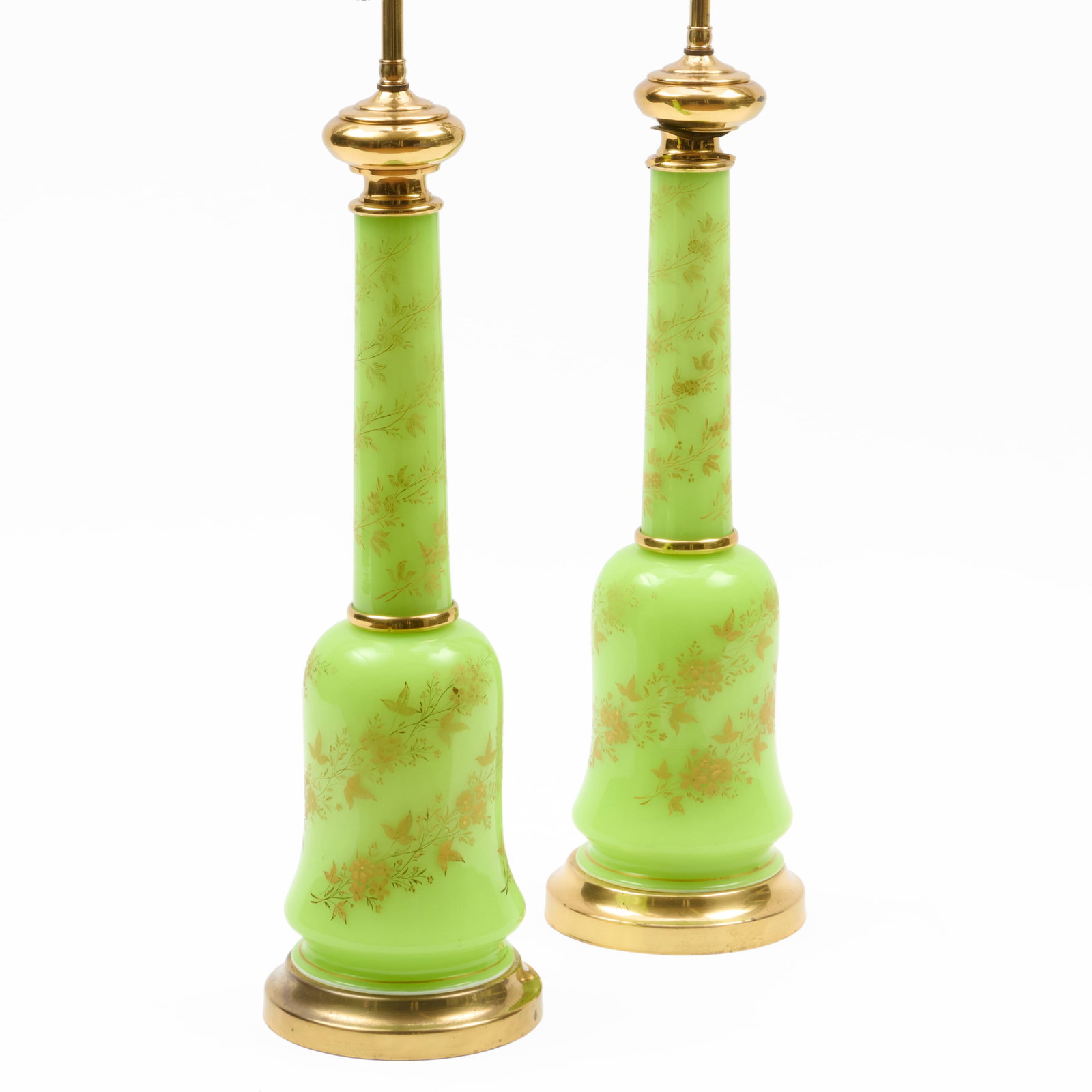 Pair of Green and Gilt-Decorated Opaline Glass Lamps: Pair of Green and Gilt-Decorated Opaline Glass Lamps 29 1/2 x 6 1/2 in. diam.