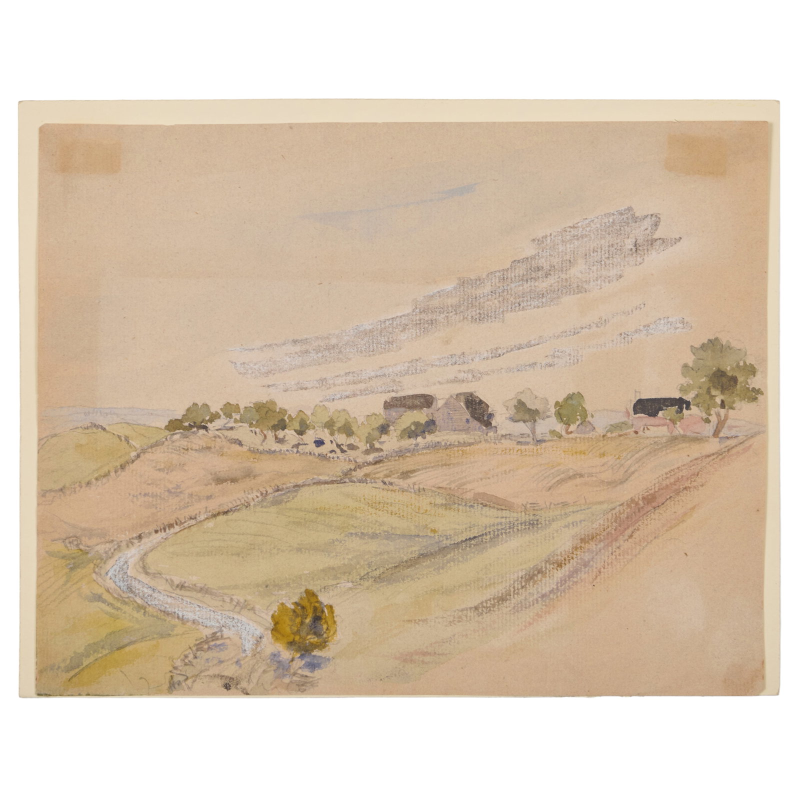 American School: Landscape with Fields, Stream and Houses: American School: Landscape with Fields, Stream and Houses Watercolor and pencil on paper, unsigned, inscribed 'Stanford White' on the reverse of the mat. 6 7/8 x 8 7/8 in. (sheet), unframed.