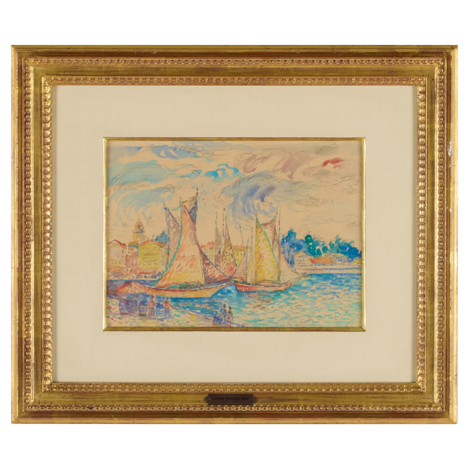 Lucien Neuquelman (1903-1960): Boats in a Harbor: Lucien Neuquelman (1903-1960): Boats in a Harbor Watercolor and pencil on paper laid down on paper board, signed with initials 'L.N.' and indistinctly dated lower right, with label from Wally Findlay