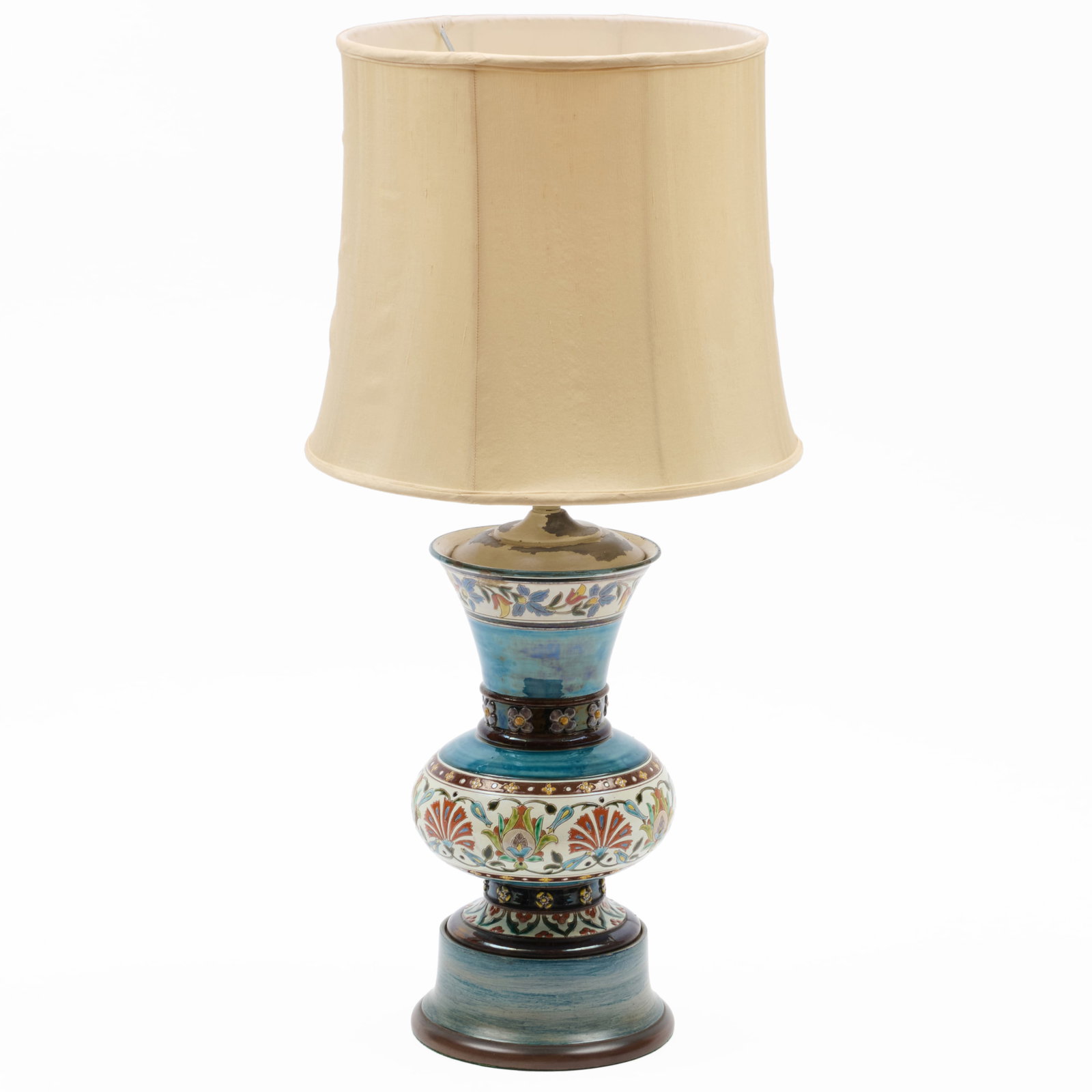 Continental Majolica Vase Mounted as a Lamp: Continental Majolica Vase Mounted as a Lamp 20 x 6 1/2 in. diam. (to socket).