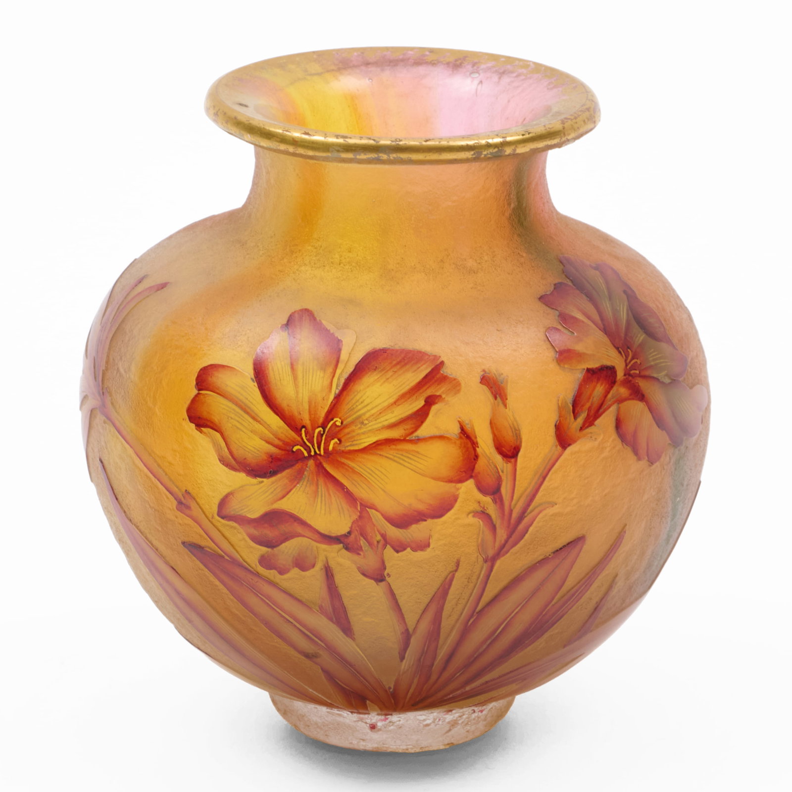 Small Daum Enameled Cameo Glass Vase: Small Daum Enameled Cameo Glass Vase Signed in gilt and with cross of Lorraine. 3 3/4 x 3 1/4 in. diam.