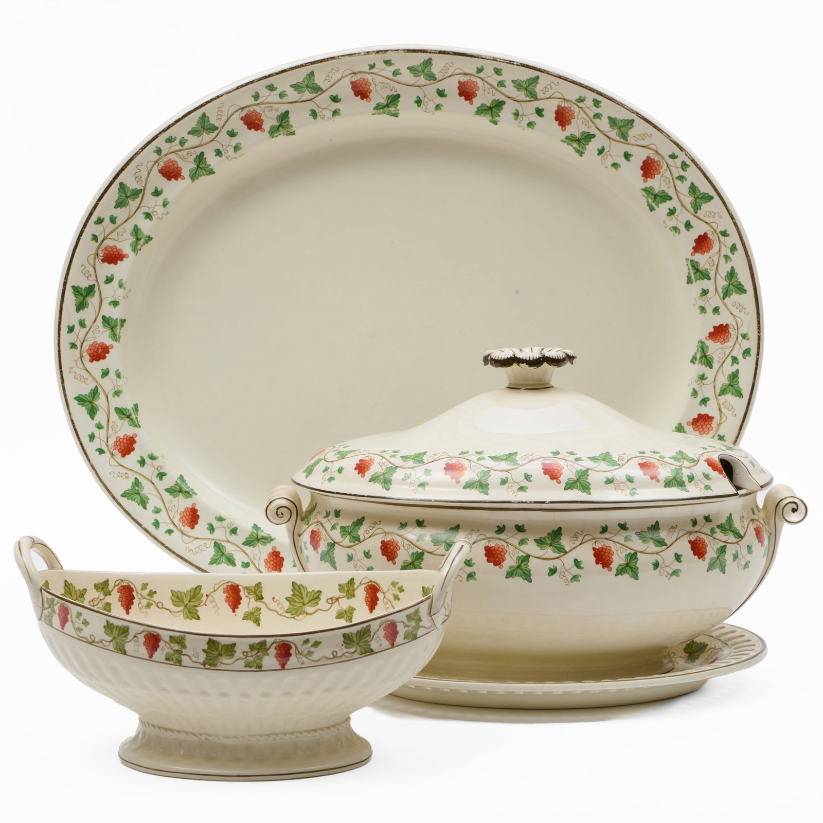 Group of Wedgwood Creamware Serving Pieces: Group of Wedgwood Creamware Serving Pieces Impressed marks. Comprising: A platter A tureen and cover A basket and underplate The platter 15 1/4 x 18 1/2 in., (3 pcs).