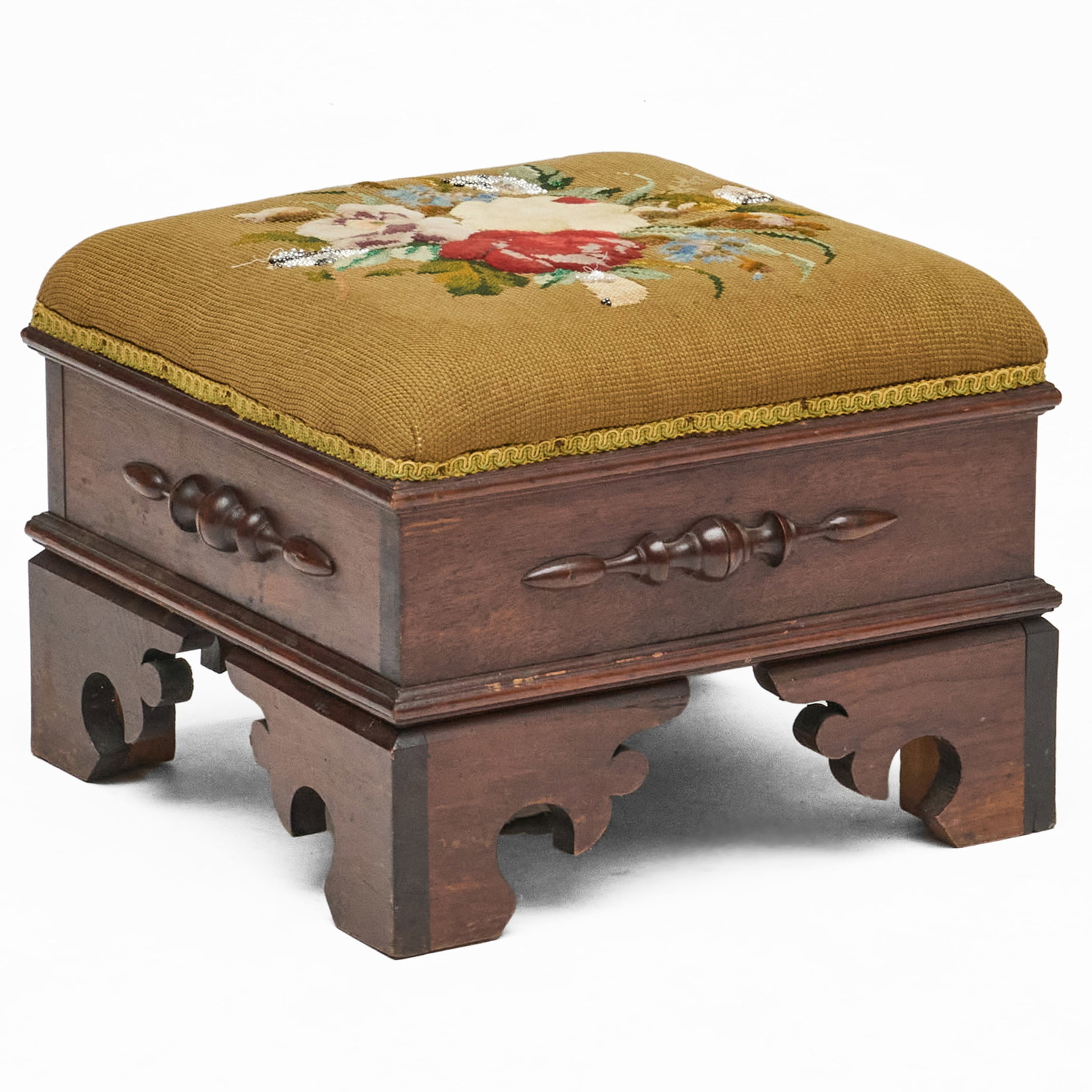 Victorian Mahogany, Beadwork and Needlework Foot Stool: Victorian Mahogany, Beadwork and Needlework Foot Stool 12 3/4 x 16 3/4 x 16 3/4 in.