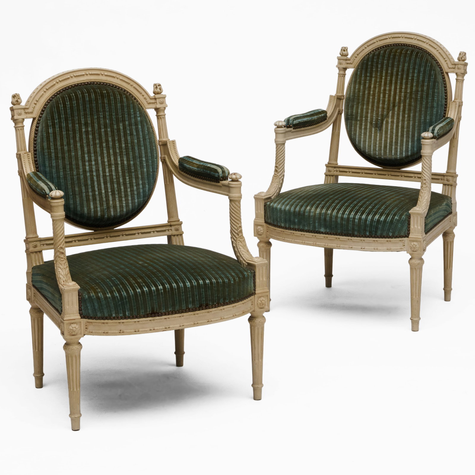 Pair of Louis XVI Style Cream Painted and Velvet Upholstered Armchairs (1 of 8)