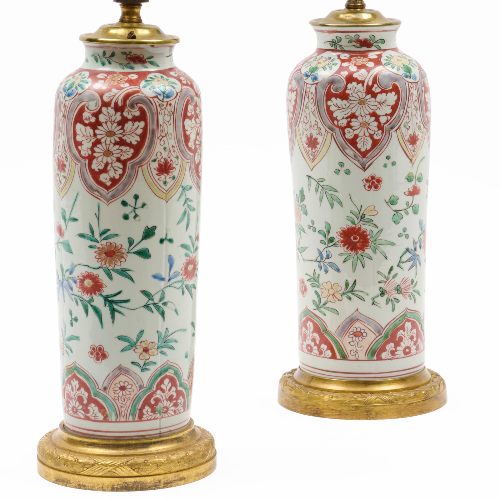 Pair of Gilt Bronze Mounted Chinese Export Famille Verte Porcelain Rouleau Vases Mounted as Lamps (1 of 6)