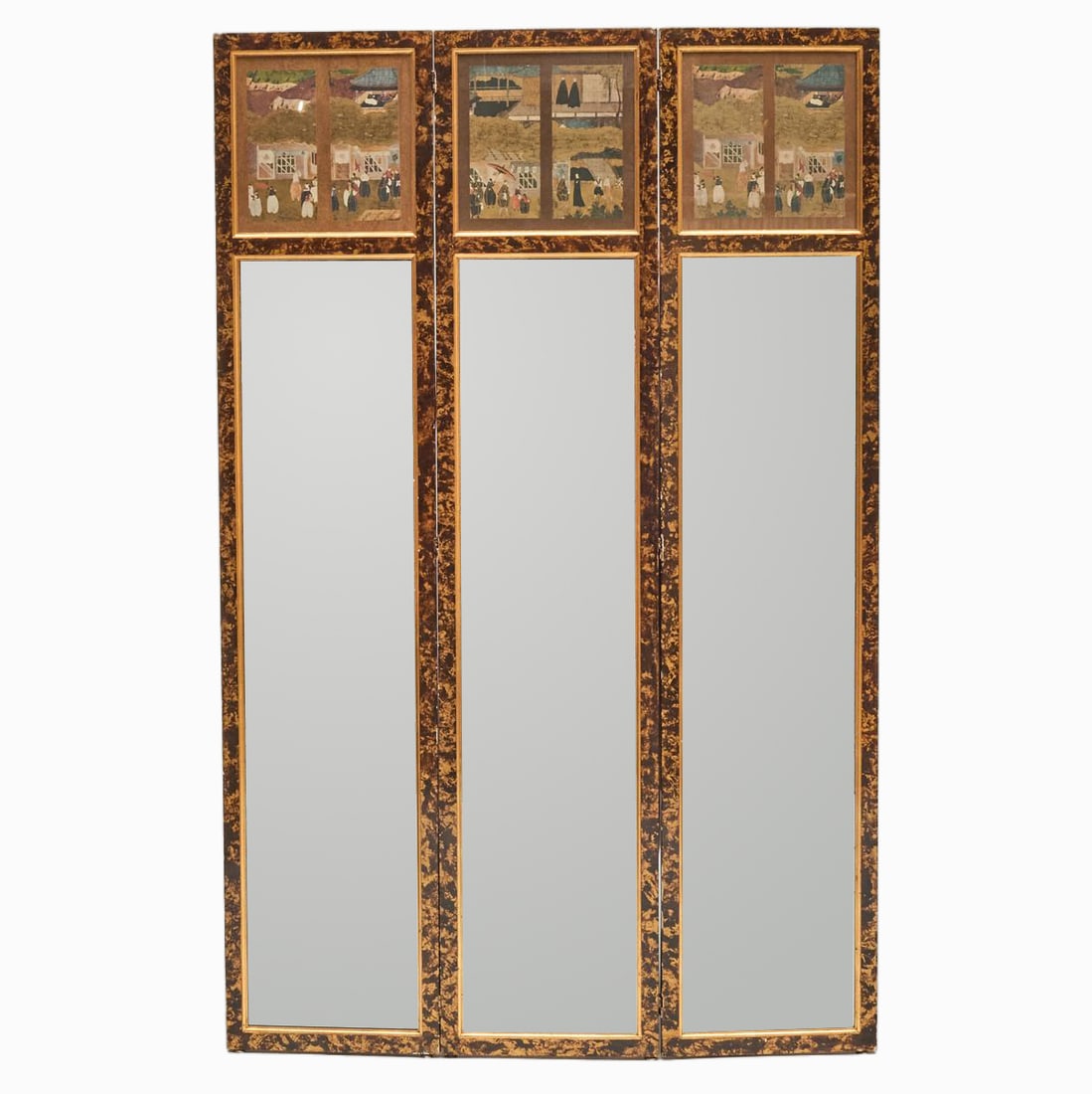 Painted Faux Tortoiseshell Three Panel Mirrored Screen with Japanese Illustrations (1 of 6)