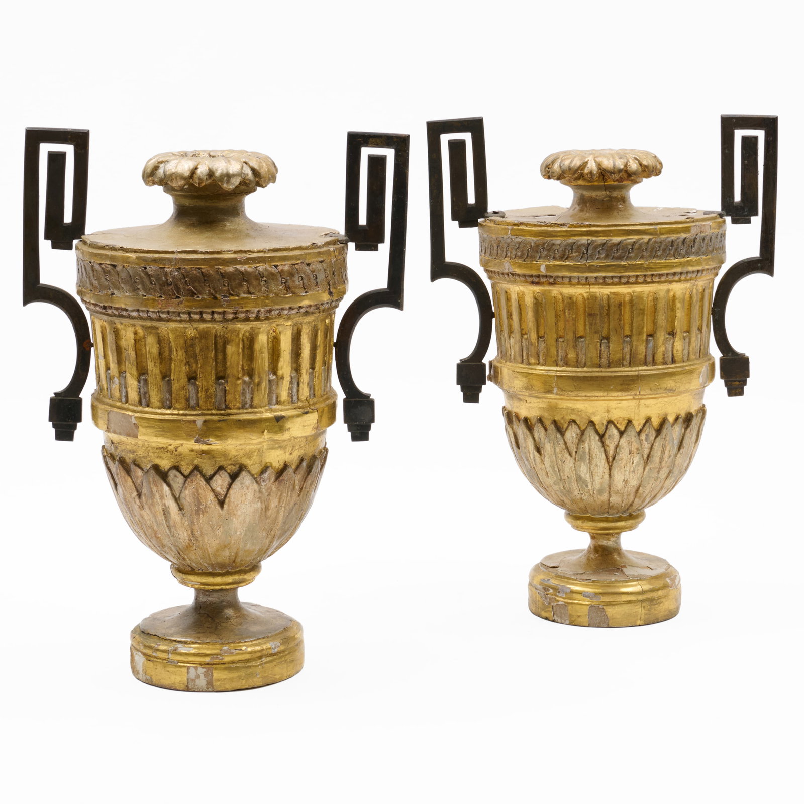 Pair of Neoclassical Style Metal-Mounted Silvered and Giltwood Urns: Pair of Neoclassical Style Metal-Mounted Silvered and Giltwood Urns 14 1/2 x 10 1/4 x 7 1/4 in. The Collection of a Private Connecticut Collector.