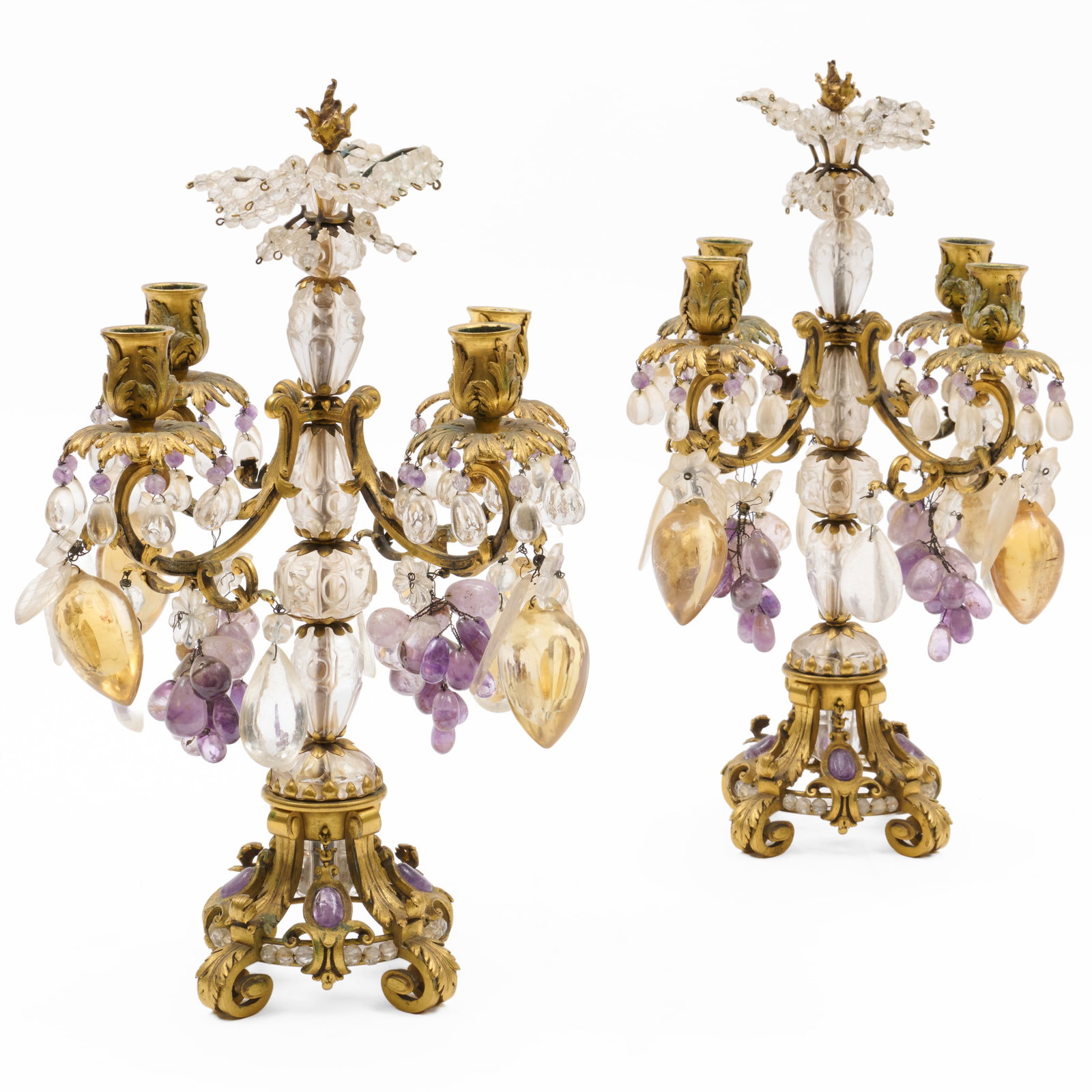 Pair of Continental Rococo Style Brass, Rock Crystal and Amethyst Four Light Candelabra (1 of 9)
