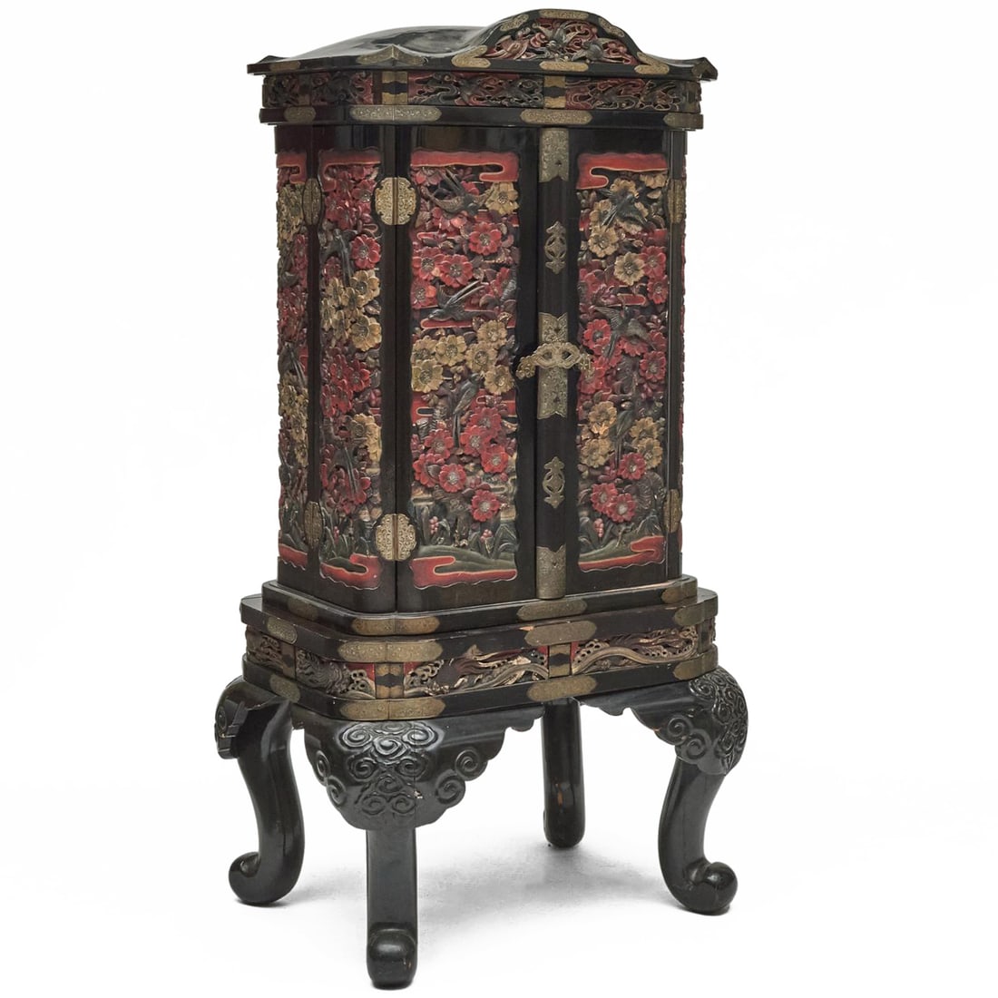 Japanese Brass-Mounted Black and Red Lacquer Carved Cabinet on Stand (1 of 12)