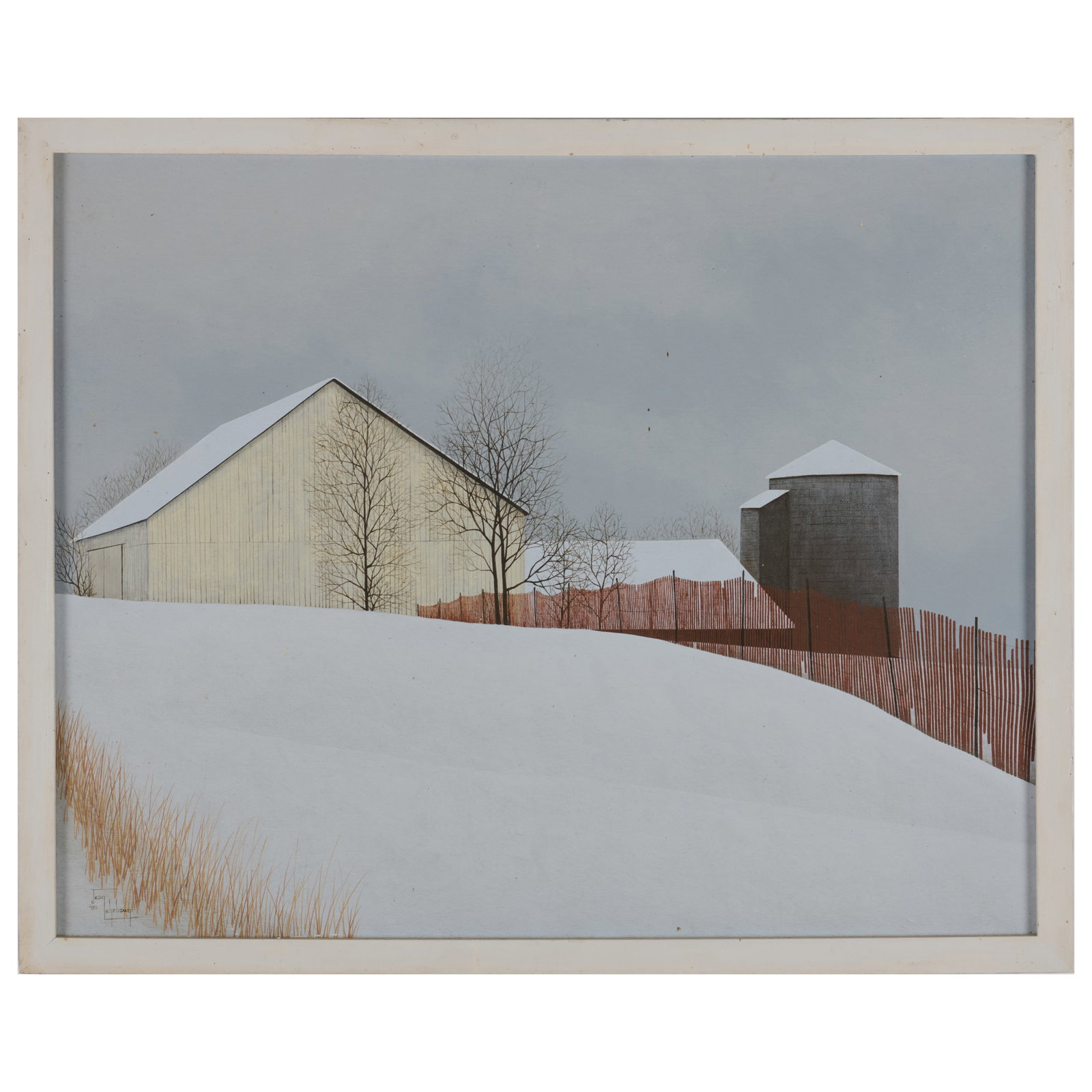 Jean Lehrbaum: Snow Fence: Jean Lehrbaum: Snow Fence Oil on canvas, 1980, signed 'Jean Lehrbaum' and dated lower left. 16 x 20 in., 17 x 21 in. (frame).