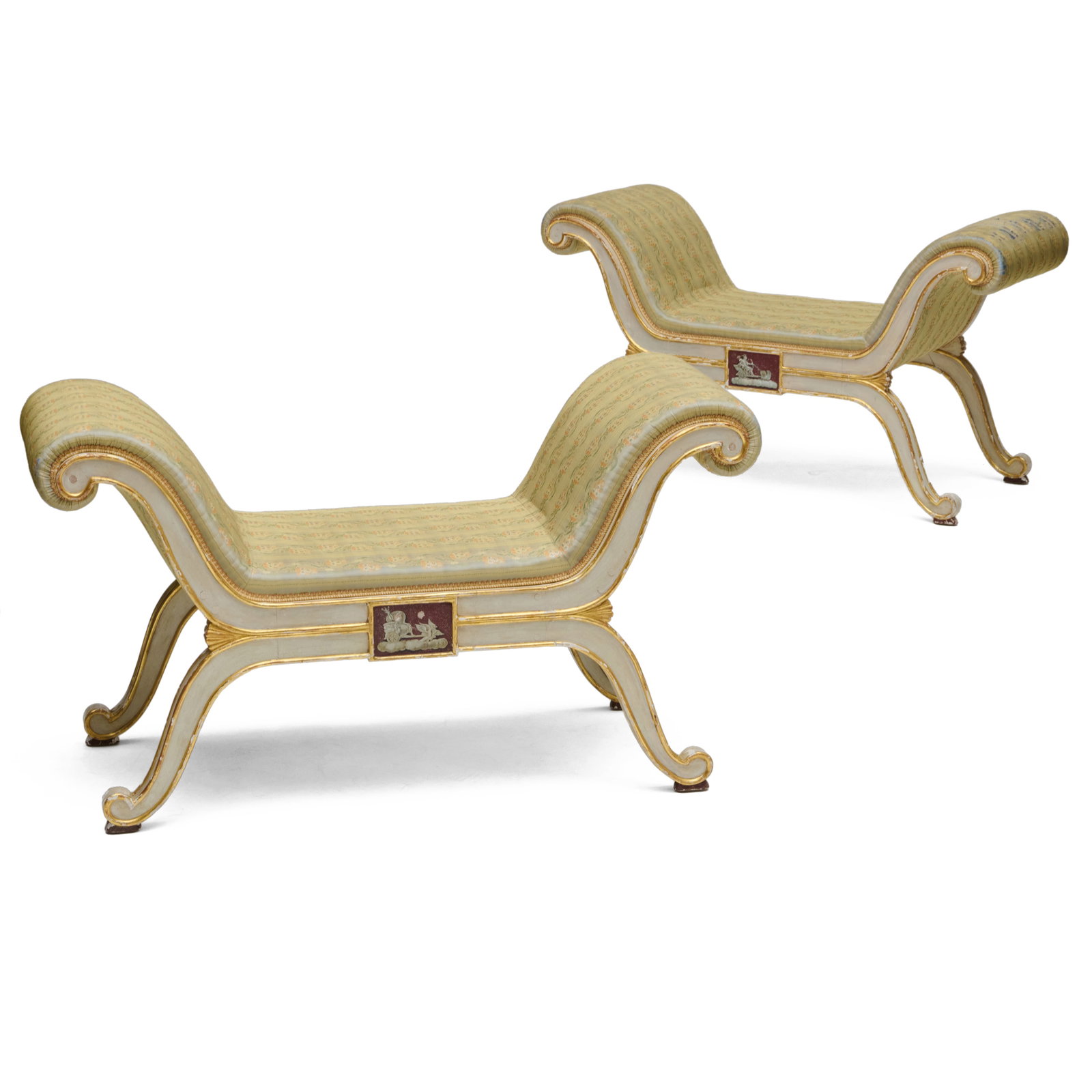 Pair of Russian Neoclassical Style White Painted and Parcel-Gilt Silk Upholstered Benches (1 of 13)