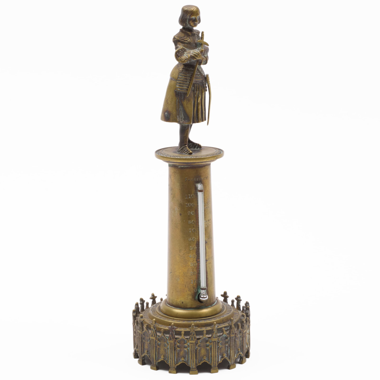 Victorian Figural Brass Thermometer: Victorian Figural Brass Thermometer 10 3/4 x 3 3/4 in. Property from a New York Private Collector