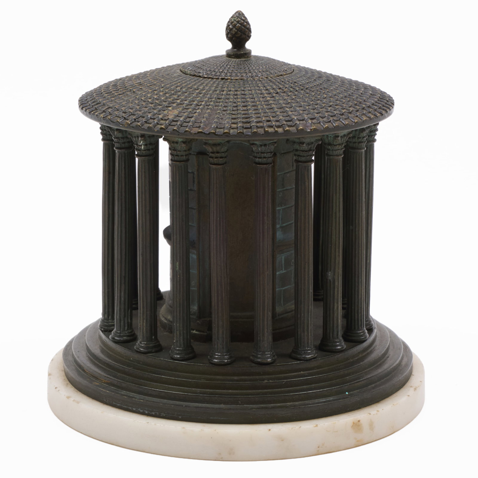 Grand Tour Patinated Bronze Temple of Vesta Inkwell on a Marble Base (1 of 8)