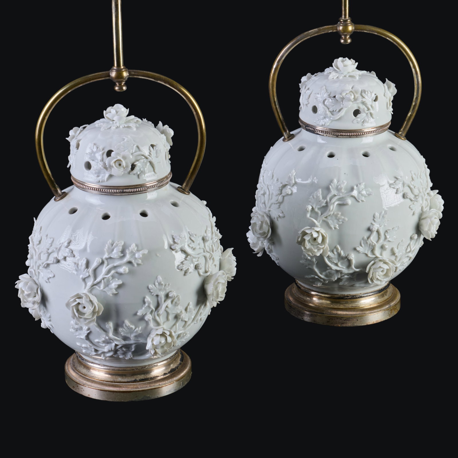 Pair of Silver Plate Mounted French Flower Encrusted White Glazed Porcelain Potpourri Jars and (1 of 10)