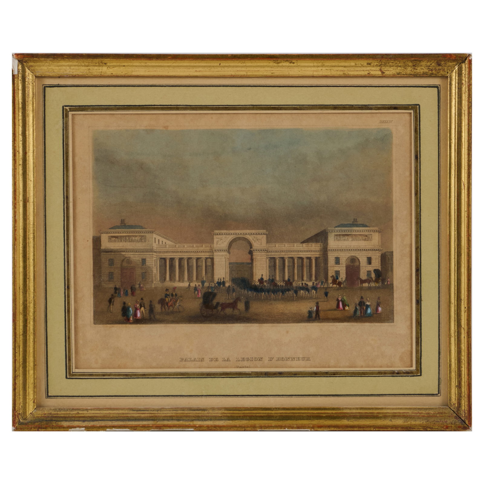 French School: Palais de la Legion d'Honneur: French School: Palais de la Legion d'Honneur Etching in black with hand-coloring on wove paper, unsigned. 4 3/4 x 6 3/8 in. (sight), 7 1/8 x 8 3/4 in. (frame). Collection of Suzanne Valenstein.