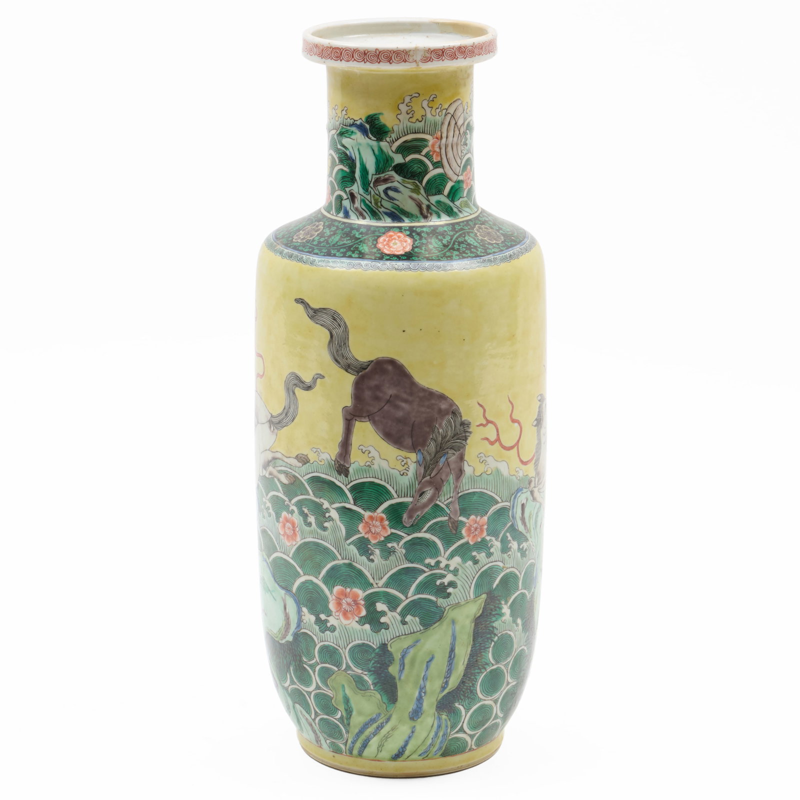 Chinese Export Famille Verte Yellow Ground Porcelain Rouleau Vase: Chinese Export Famille Verte Yellow Ground Porcelain Rouleau Vase Unmarked.18 x 7 in. diam. The Collection of a Private Connecticut Collector.