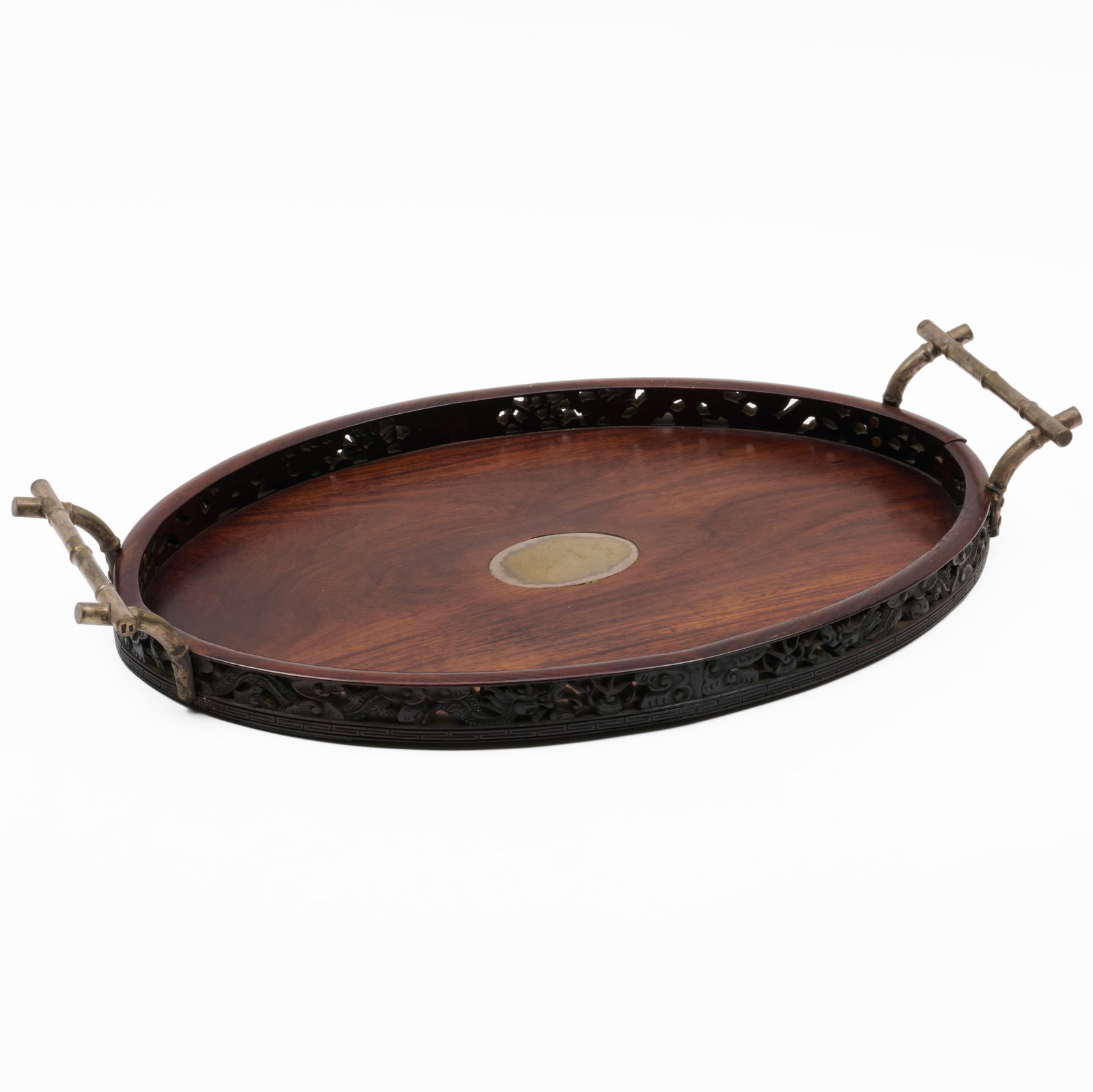 Chinese Silvered-Metal-Mounted Carved Hardwood Tray (1 of 7)