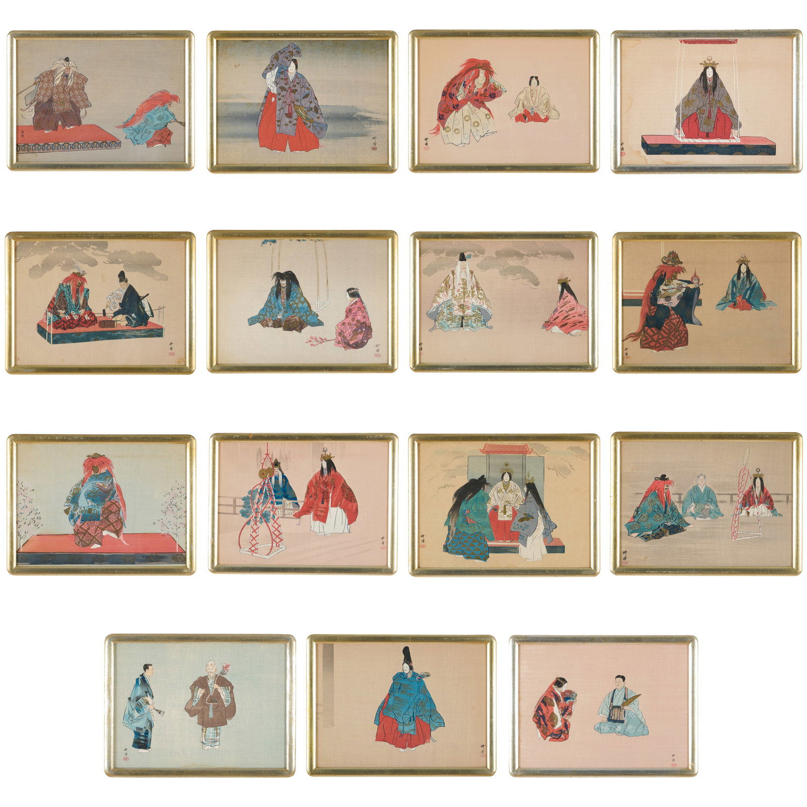 Kogyo Tsukioka (1869-1927): Group of Fifteen Japanese Woodblock Prints of Noh Plays: Kogyo Tsukioka (1869-1927): Group of Fifteen Japanese Woodblock Prints of Noh Plays Ink and color on paper.9 3/4 x 13 1/4 in. (sight), 11 1/4 x 15 in. (frame).