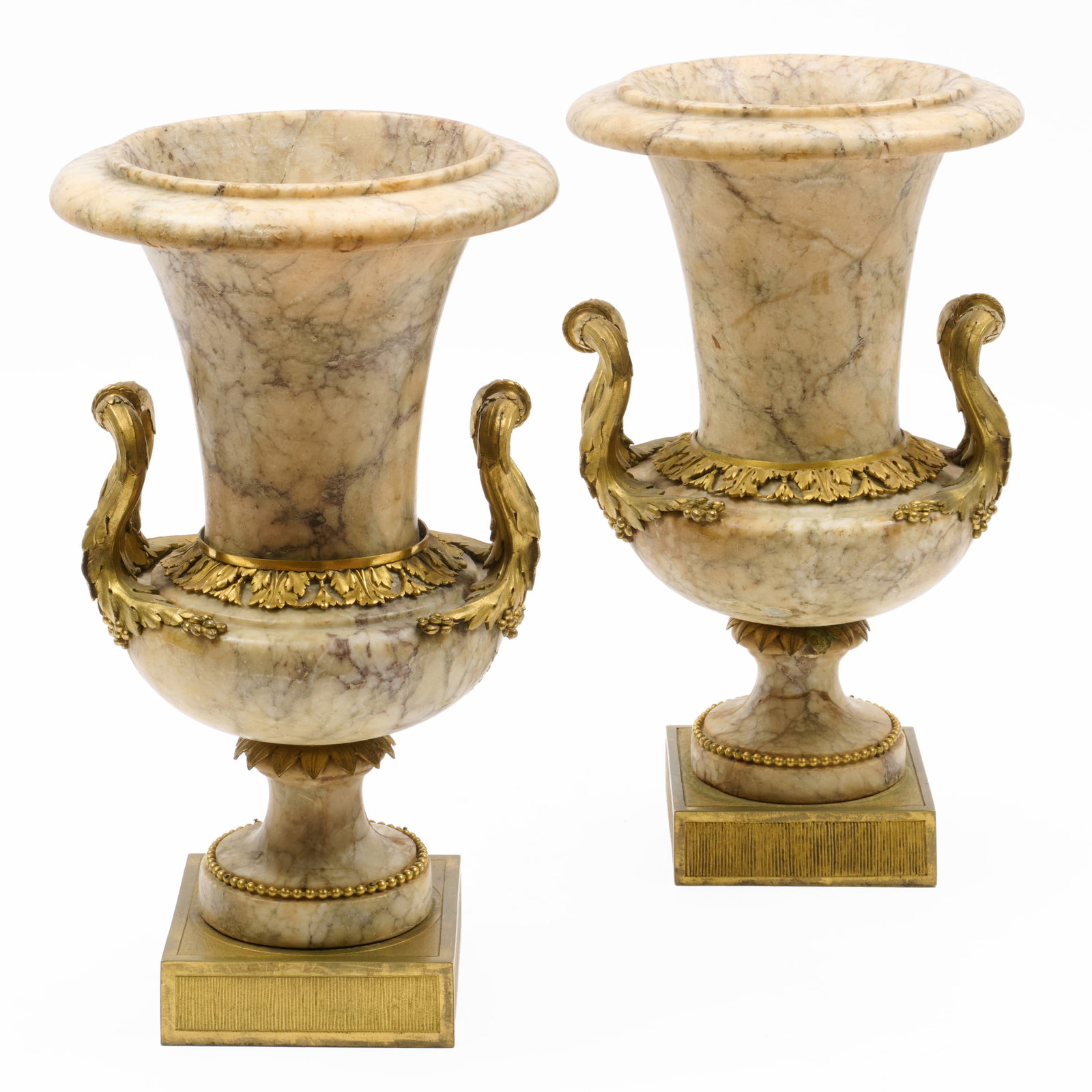 Pair of Louis XVI Style Gilt-Mounted Marble Urns: Pair of Louis XVI Style Gilt-Mounted Marble Urns 16 x 9 1/2 in. diam.
