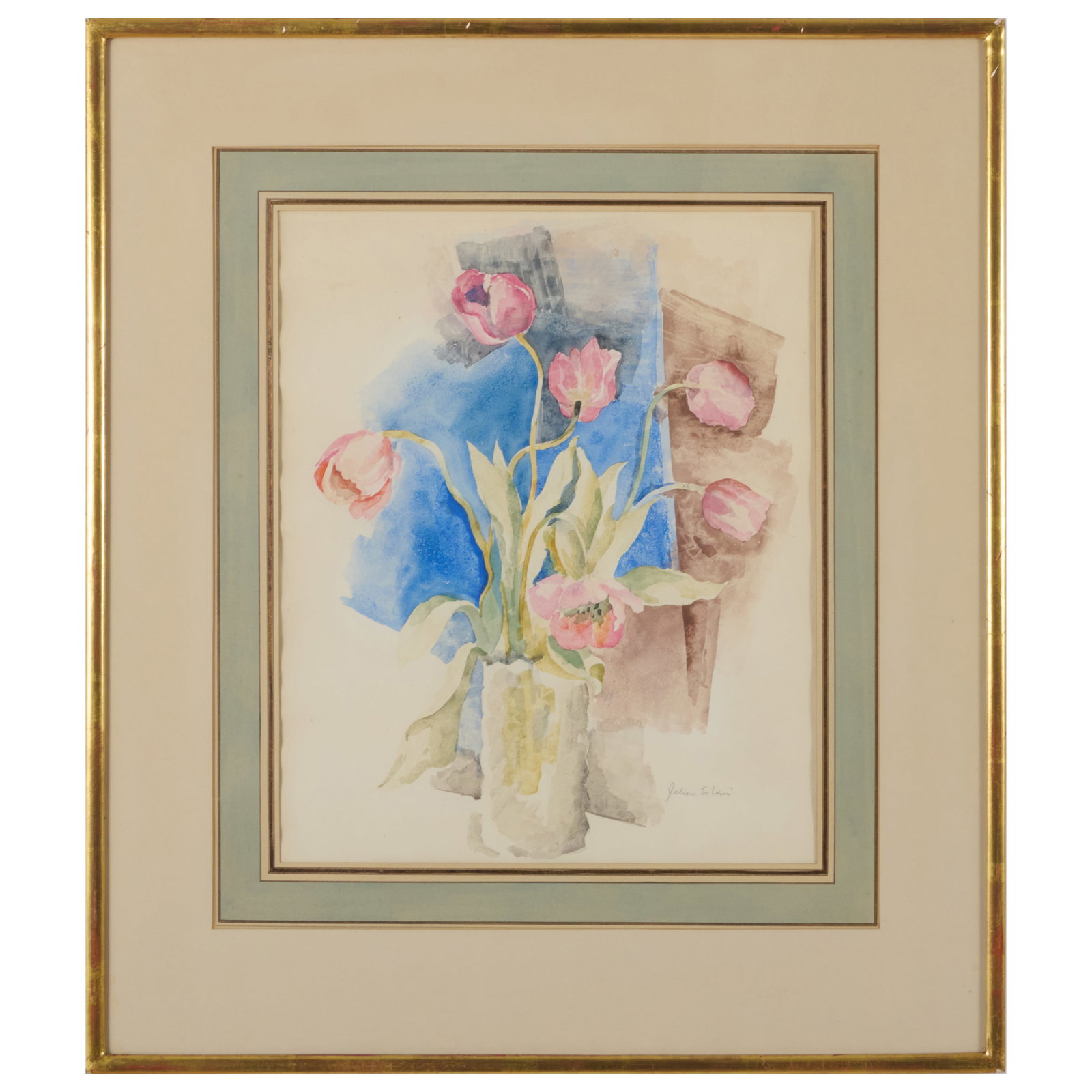 Julian E. Levi (1900-1982): Still Life with Tulips: Julian E. Levi (1900-1982): Still Life with Tulips Watercolor on paper, signed 'Julian E. Levi' lower right. 17 x 14 in. (sight), 27 1/2 x 24 in. (frame). Sold Freeman's, Philadelphia, December 5, 200