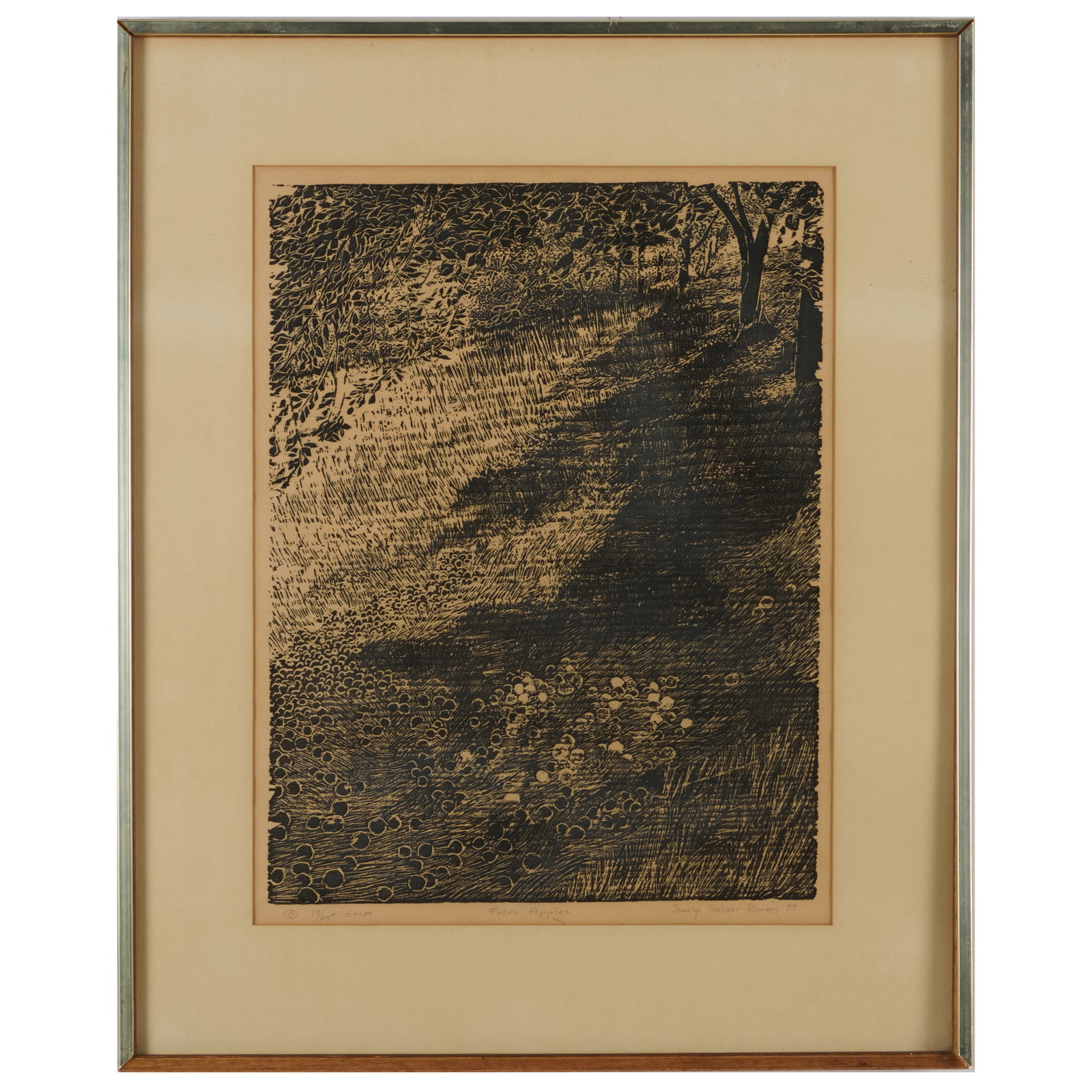 Emily Schorr Elman (1896-1974): Fallen Apples: Emily Schorr Elman (1896-1974): Fallen Apples Woodcut in black on wove paper, 1959, signed, titled, dated, inscribed 'IMP' and numbered 13/25 in pencil. 20 x 15 1/4 in. (sight), 27 3/4 x 22 1/2 in.