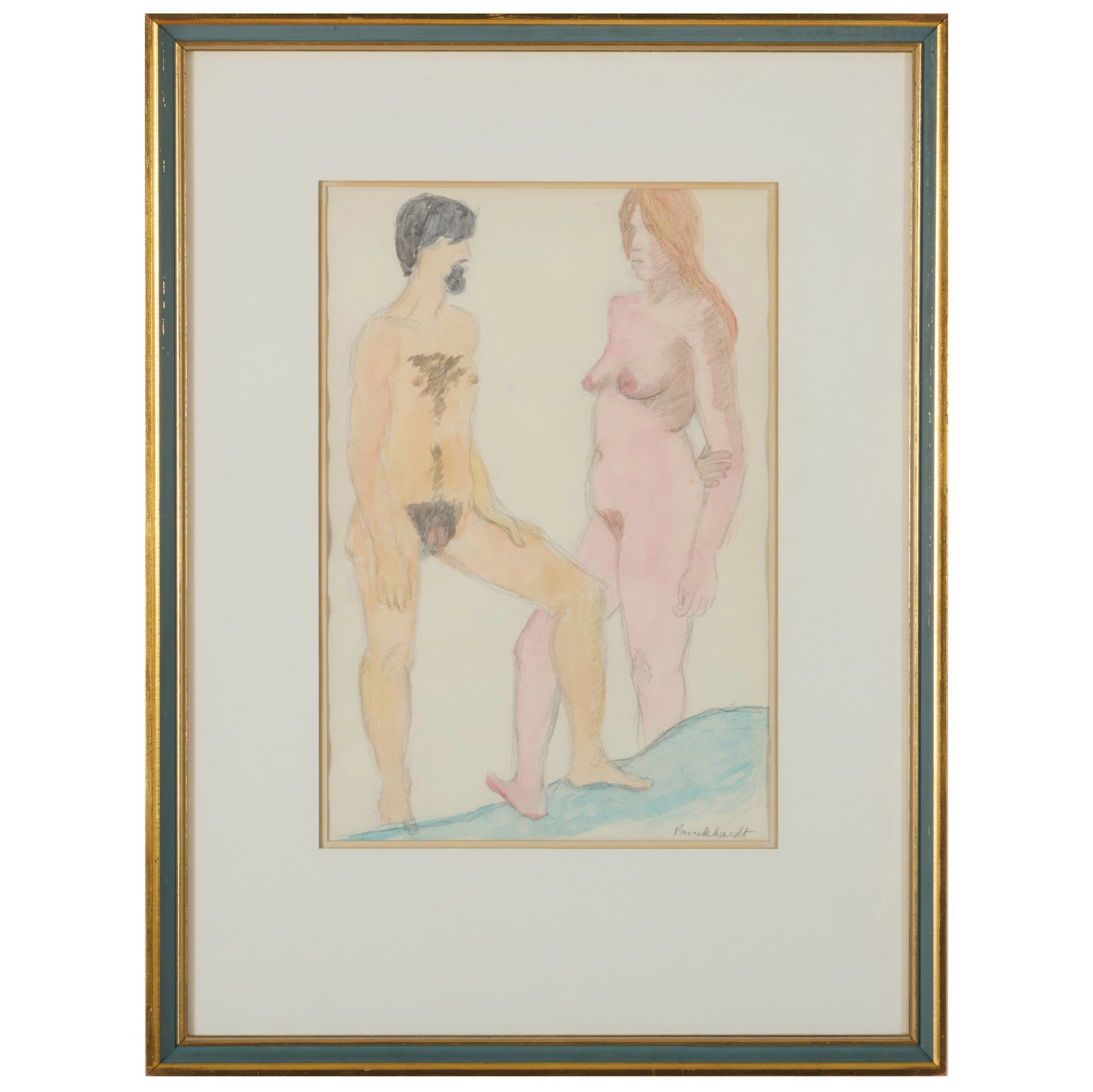 Rudy Burckhardt (1914-1999): Untitled (Two Nudes): Rudy Burckhardt (1914-1999): Untitled (Two Nudes) Watercolor on paper, signed 'Burkhardt' lower right. 13 x 9 in. (sheet), 21 1/2 x 16 1/4 in. (frame).