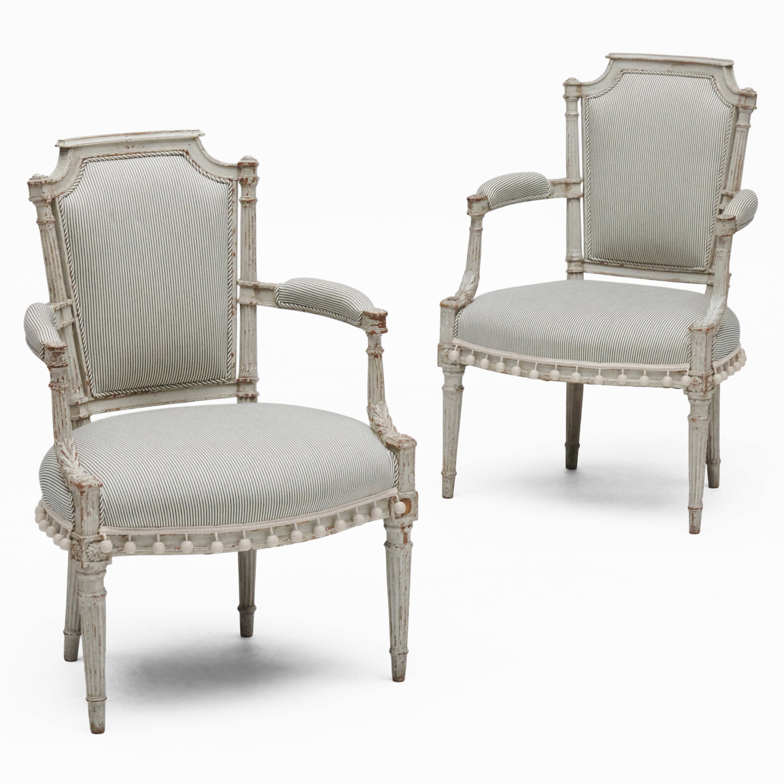 Pair of Louis XVI Style White Painted and Upholstered Fauteuils en Cabriolet (1 of 8)