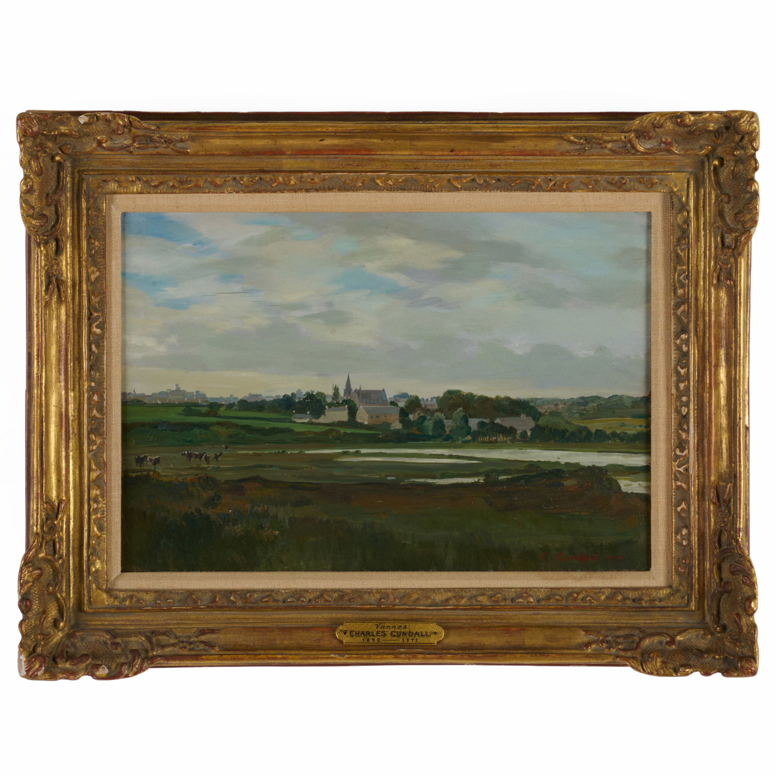 Charles Cundall (1890-1971): Vannes from the Marshes: Charles Cundall (1890-1971): Vannes from the Marshes Oil on board, 1925, signed 'C. Cundall' and dated lower right, with label from P & D Colnaghi & Co., London. 9 x 12 1/2 in., 13 1/4 x 17 1/4 in. (f
