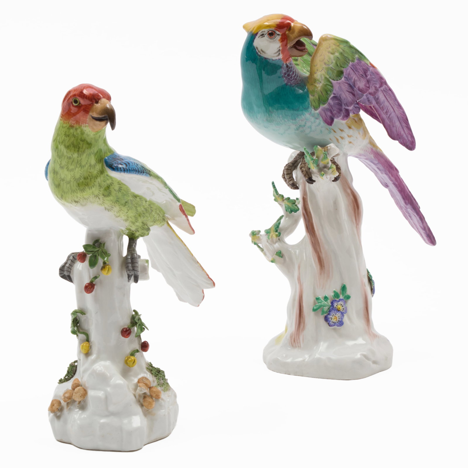 Meissen Porcelain Models of a Macaw and a Green Parrot: Meissen Porcelain Models of a Macaw and a Green Parrot Blue crossed swords and incised marks.The macaw 9 x 6 x 3 1/2 in., the parrot 8 x 6 x 3 in.