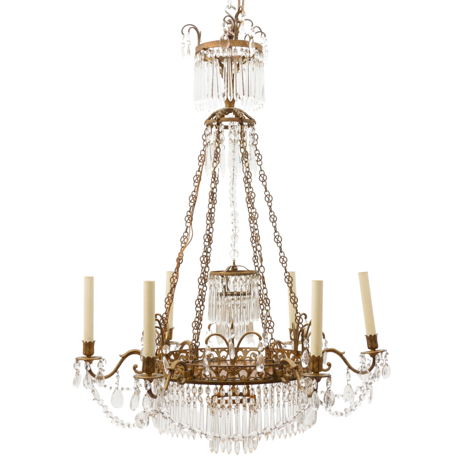 Swedish Neoclassical Gilt-Metal, Colorless and Amber Glass Chandelier (1 of 8)