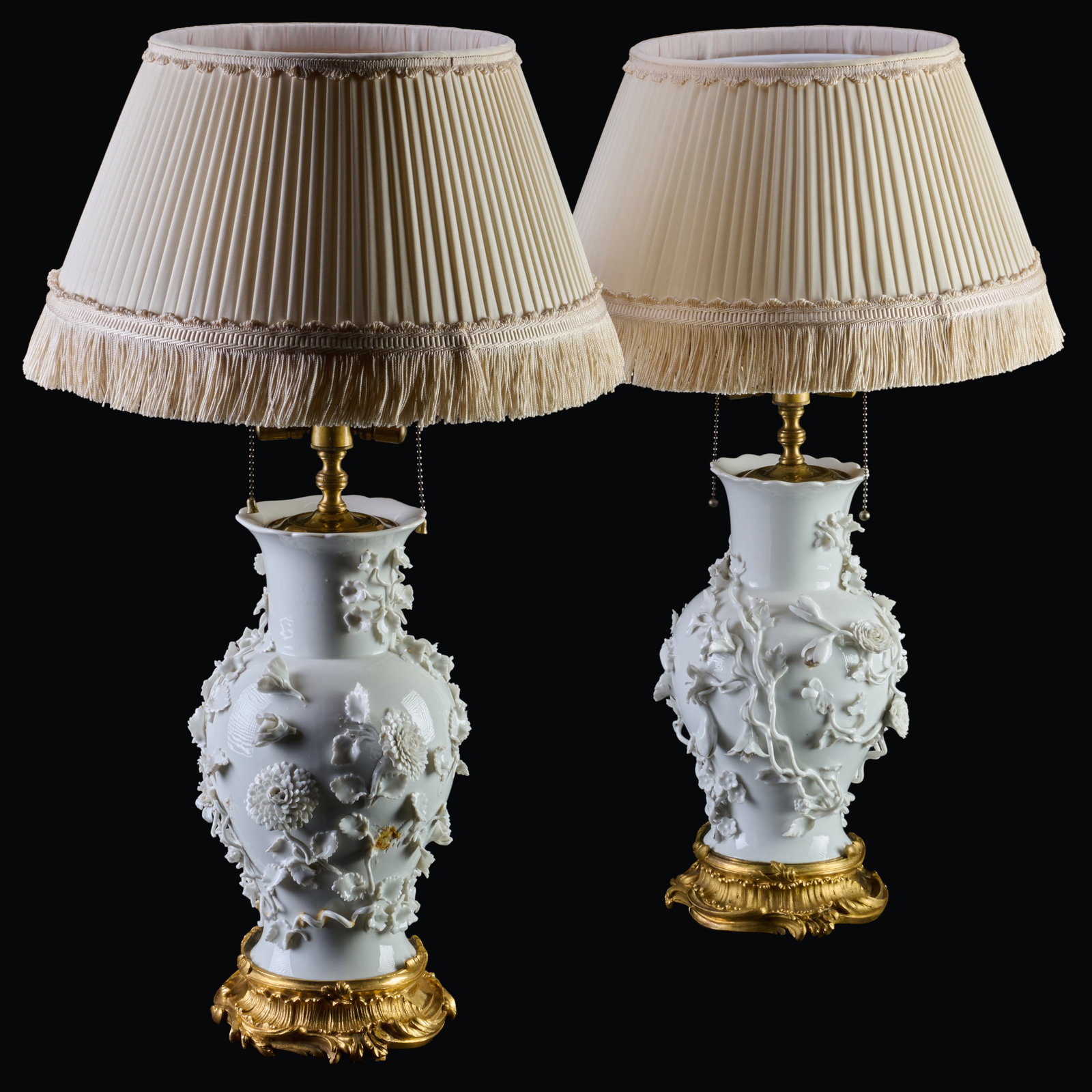 Pair of Gilt Bronze Mounted French Flower Encrusted White Glazed Porcelain Vases Mounted as Lamps (1 of 11)