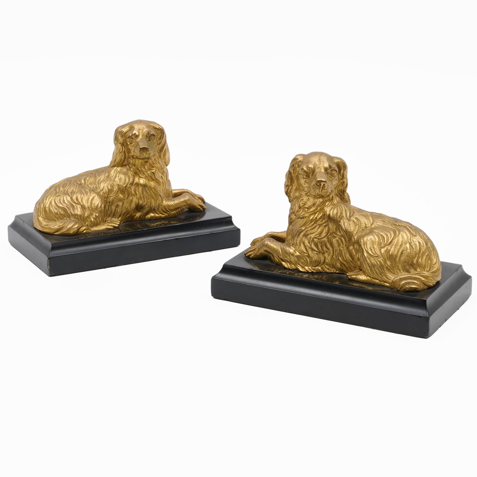 Pair of Gilt-Bronze Recumbent Dogs on Black Marble Bases: Pair of Gilt-Bronze Recumbent Dogs on Black Marble Bases 4 1/2 x 6 1/4 x 3 1/2 in.