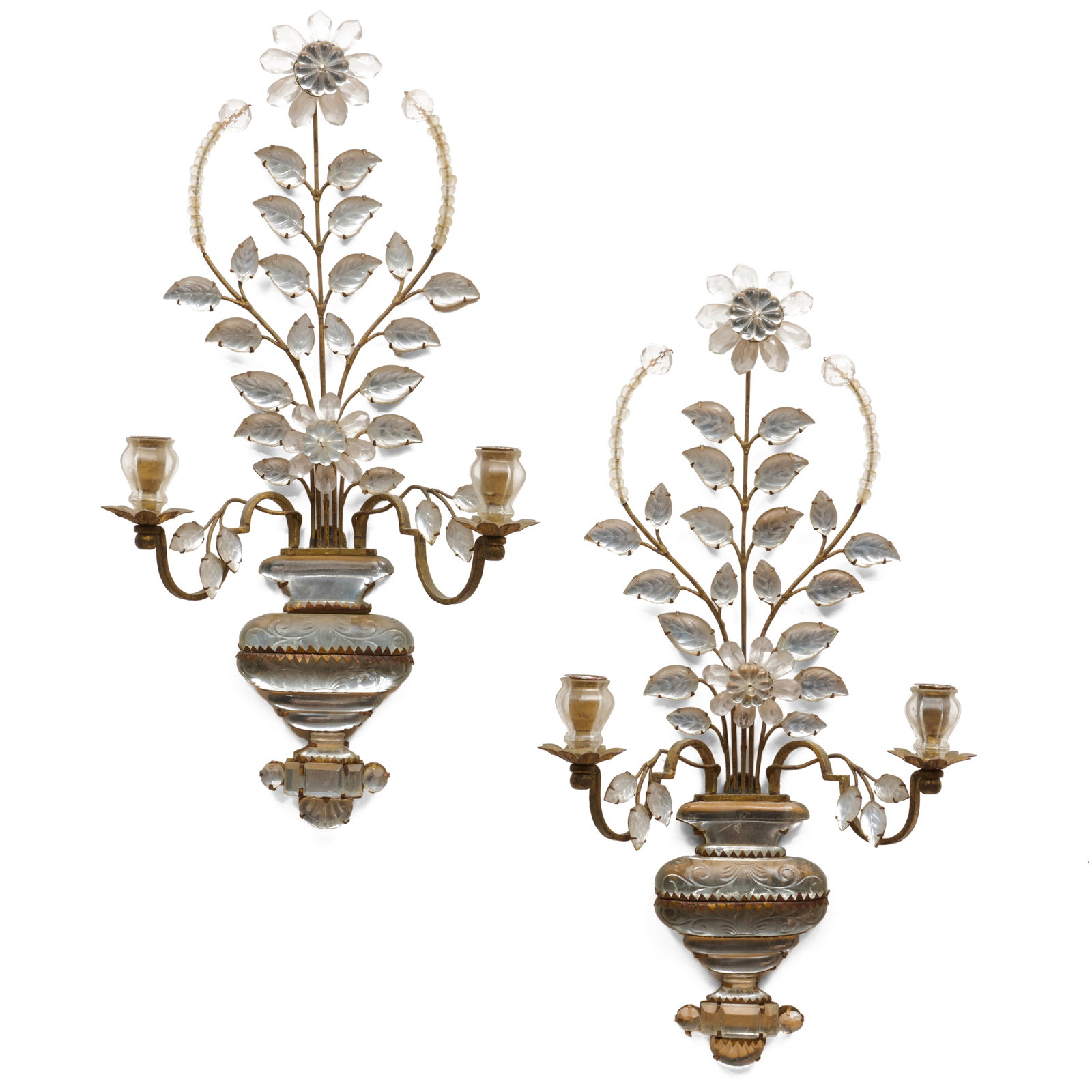 Pair of Gilt-Metal and Cut Glass Two Light Sconces, Attributed to Bagues (1 of 8)