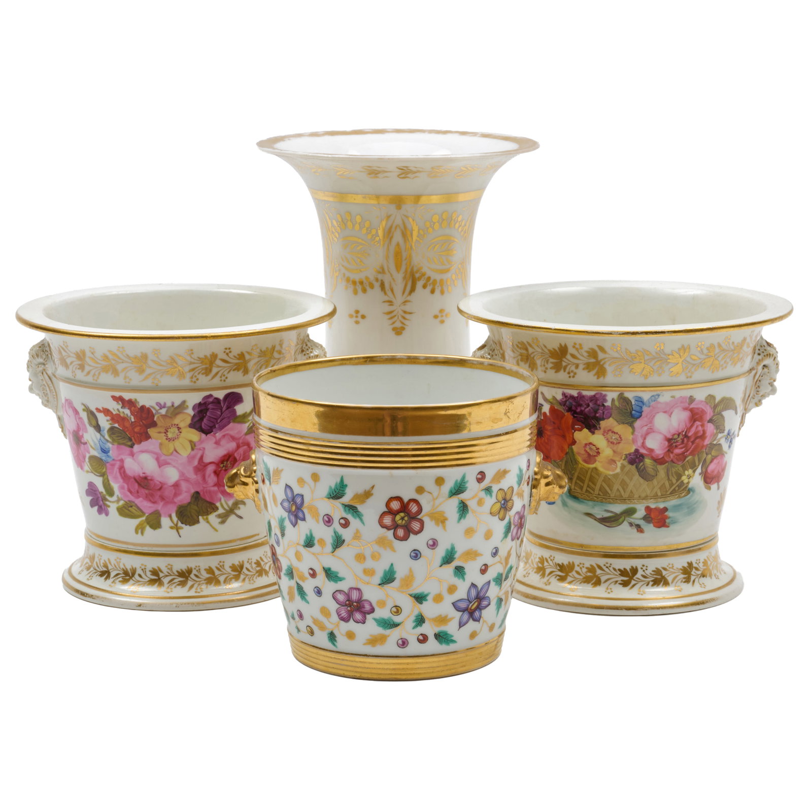 Group of Four English Gilt and Flower Decorated Porcelain Cachepots: Group of Four English Gilt and Flower Decorated Porcelain Cachepots Unmarked.Comprising: A gilt decorated porcelain beaker vase and standA pair of English flower decorated cachepots on stand with mask